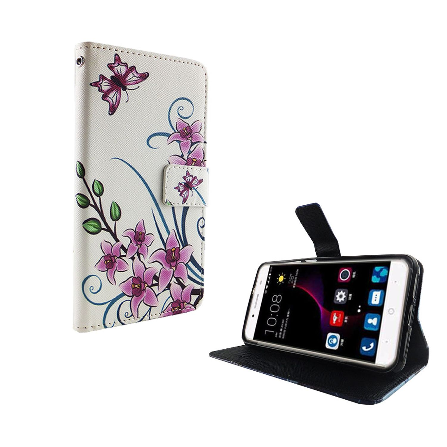 Handyhülle mit Blumendesign. Geöffnete Handyhülle mit Telefon darin. Weißer Hintergrund.