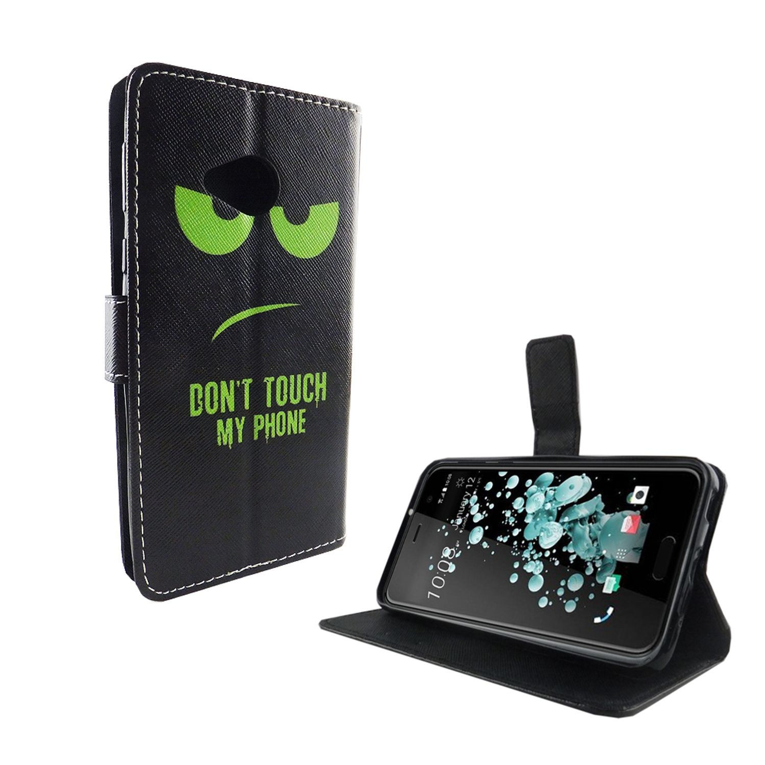Schwarze Handyhülle mit grünem, wütendem Gesicht. Der Text 'DON'T TOUCH MY PHONE' steht unter dem Gesicht, Telefon offen.