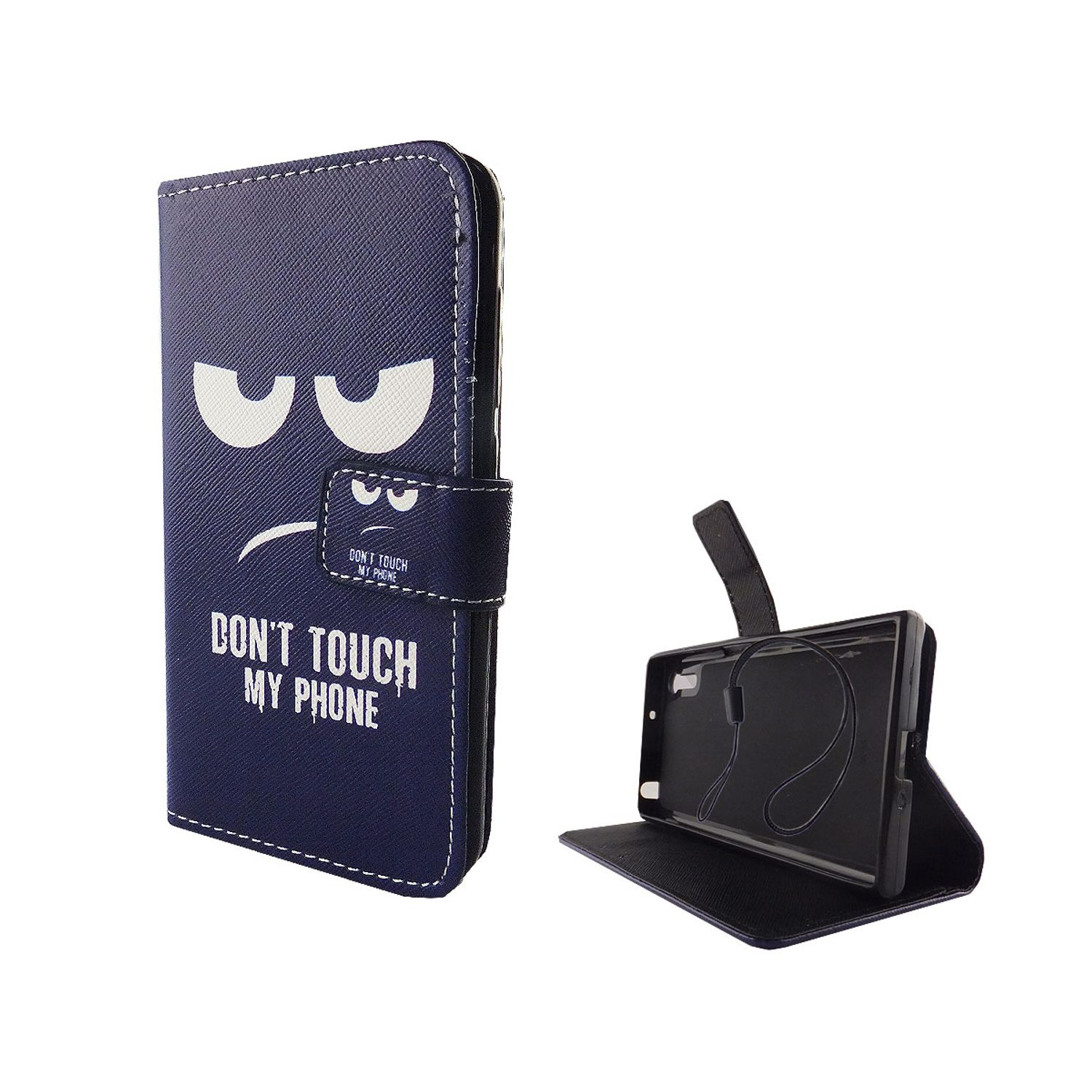 Blaue Handyhülle mit grimmigem Gesicht und Text "DON'T TOUCH MY PHONE". Die Handyhülle ist offen.