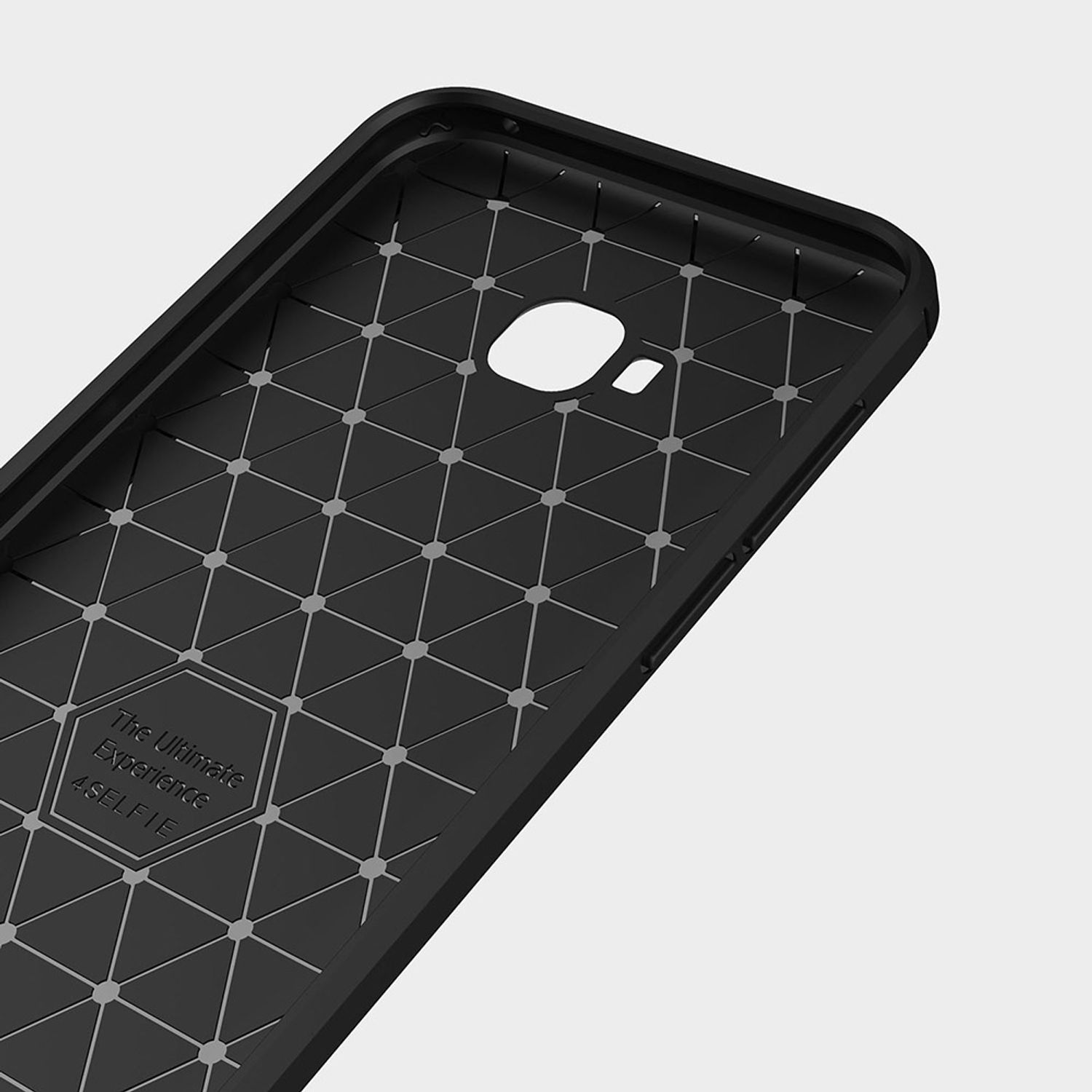 Schwarze Telefonhüllenrückseite mit geometrischem Muster.