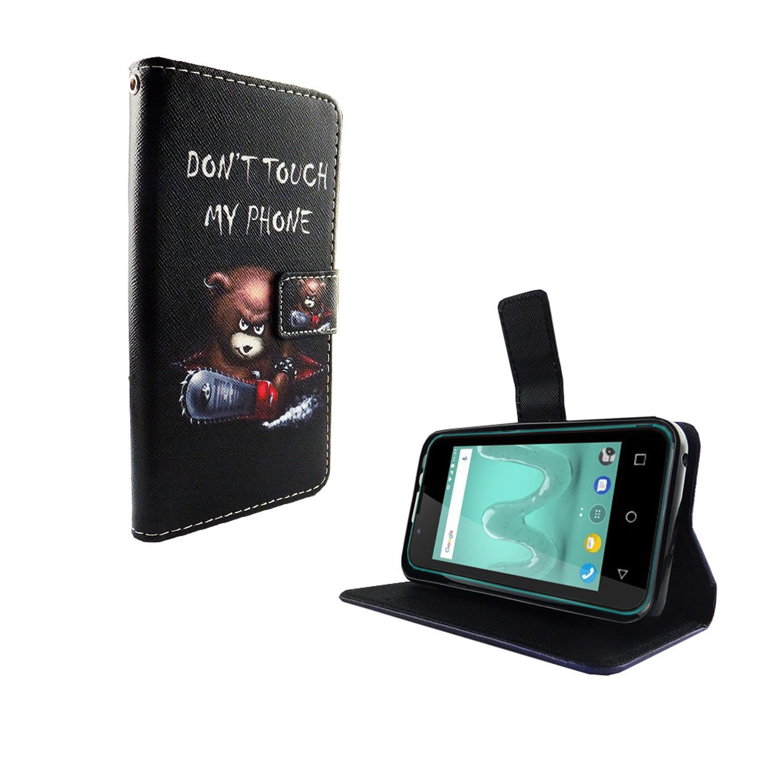 Telefon in Hülle mit Bär mit Kettensäge und Text 'DON'T TOUCH MY PHONE'. Offenes Telefon.