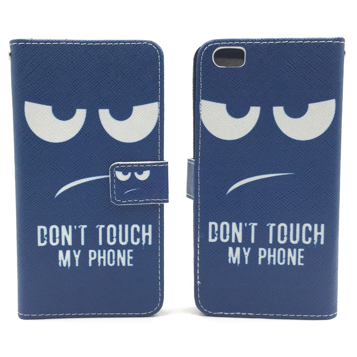 Eine blaue Handyhülle mit einem wütenden Gesicht und dem Text 'BERÜHRE MEIN TELEFON NICHT'. Der Hintergrund ist weiß.
