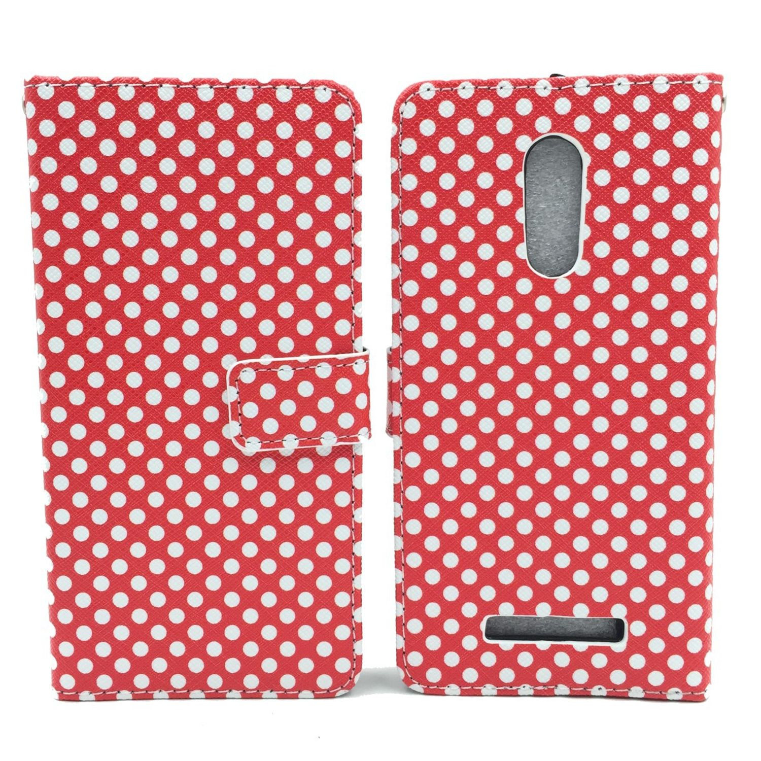 Rote Handyhülle mit weißen Tupfen. Telefon offen, Display sichtbar.