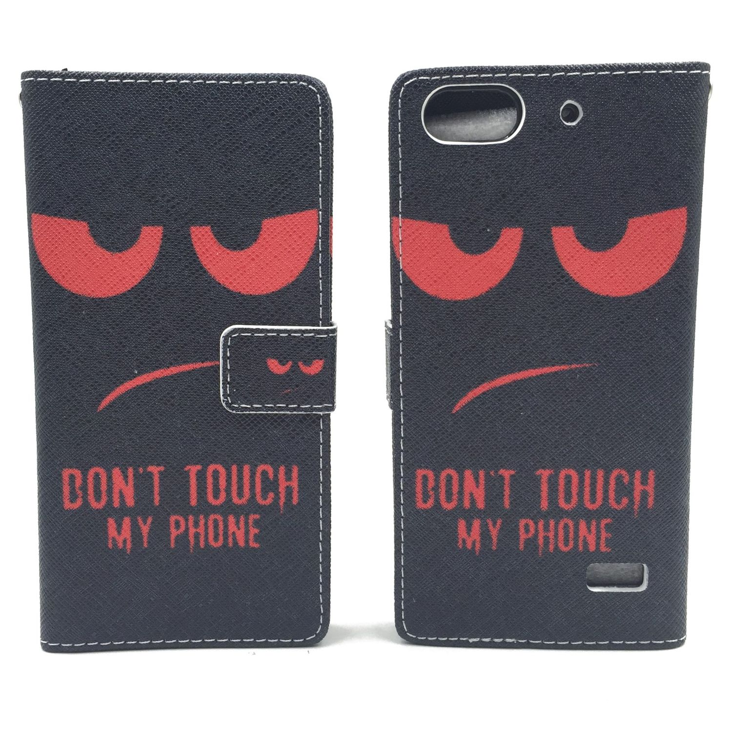 Schwarze Handyhülle mit roten wütenden Augen. Die Worte "DON'T TOUCH MY PHONE" sind darauf geschrieben.