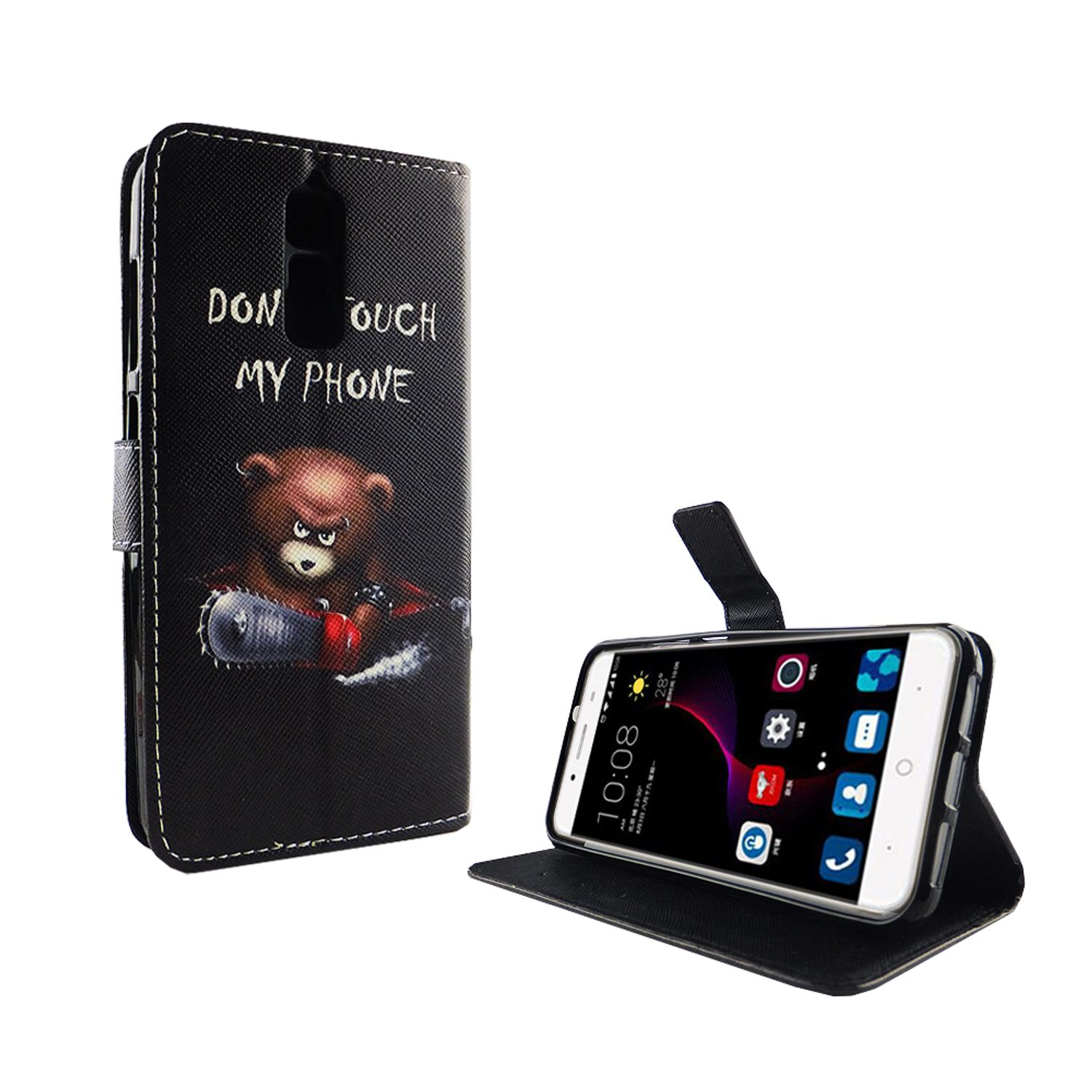 Geöffnete Handyhülle, Telefon sichtbar. Bär mit Kettensäge. Text: „DON’T TOUCH MY PHONE.“ Schwarzer Hintergrund.