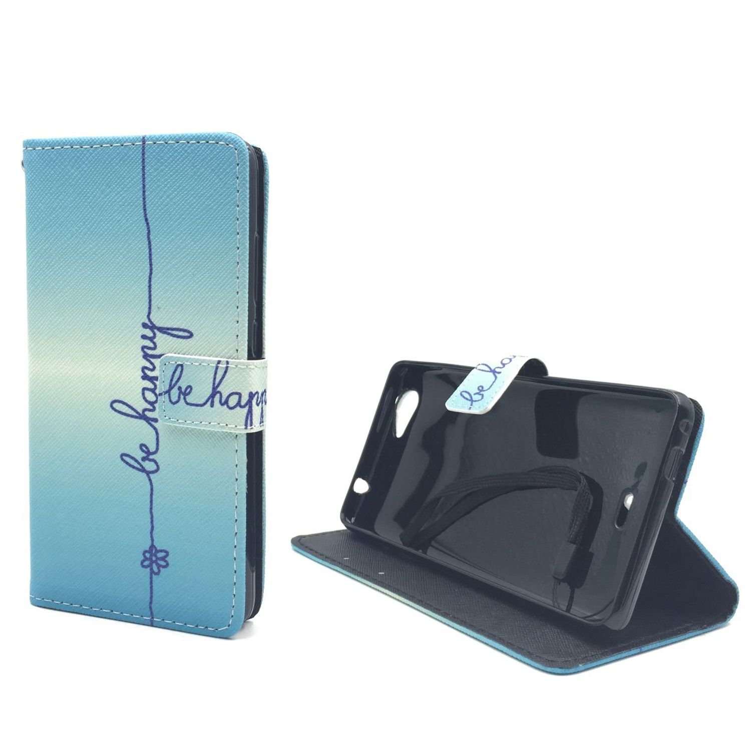 Blaue Handyhülle mit Blumendesign und den Worten 'be happy'. Das Telefon ist darin.