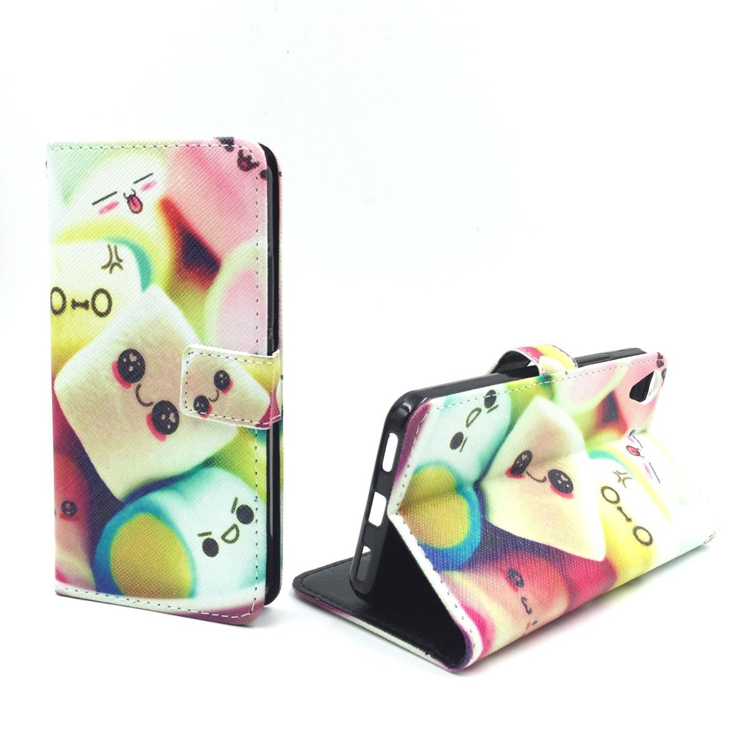 Handyhülle, offen und geschlossen, mit Marshmallow-Figuren auf weißem Hintergrund.