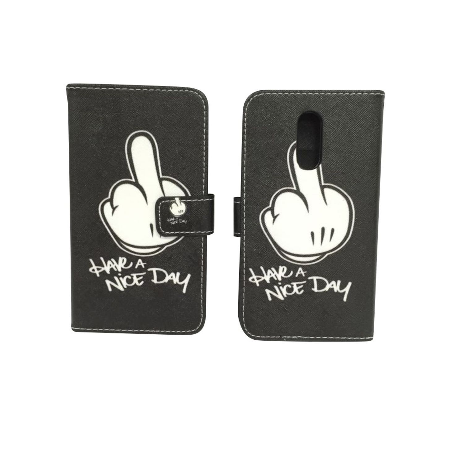 Schwarze Handyhülle mit Mittelfinger-Grafik, mit den Worten 'Have a Nice Day'.