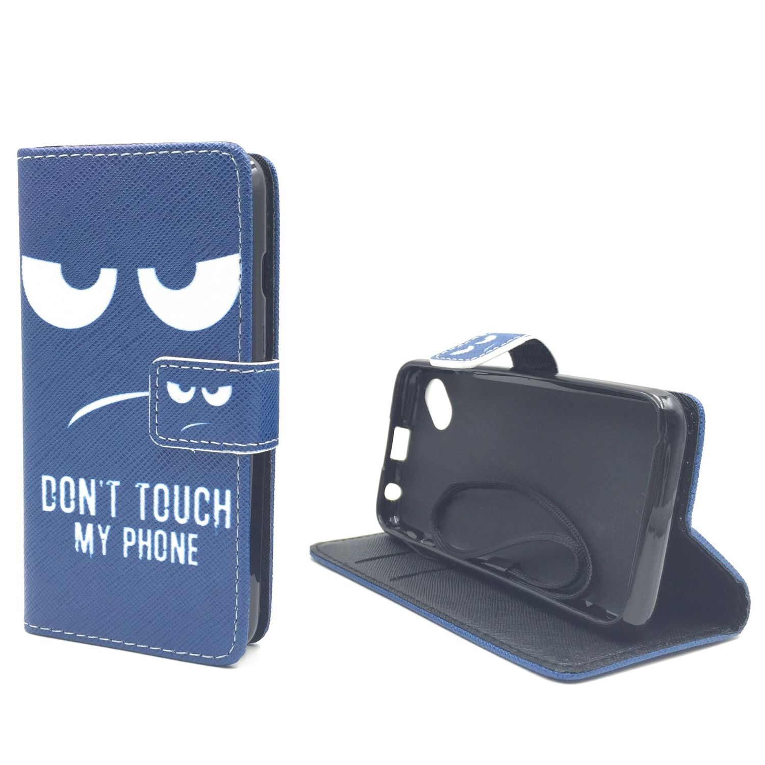 Blaue Handyhülle mit traurigem Gesicht und den Worten „DON’T TOUCH MY PHONE“.