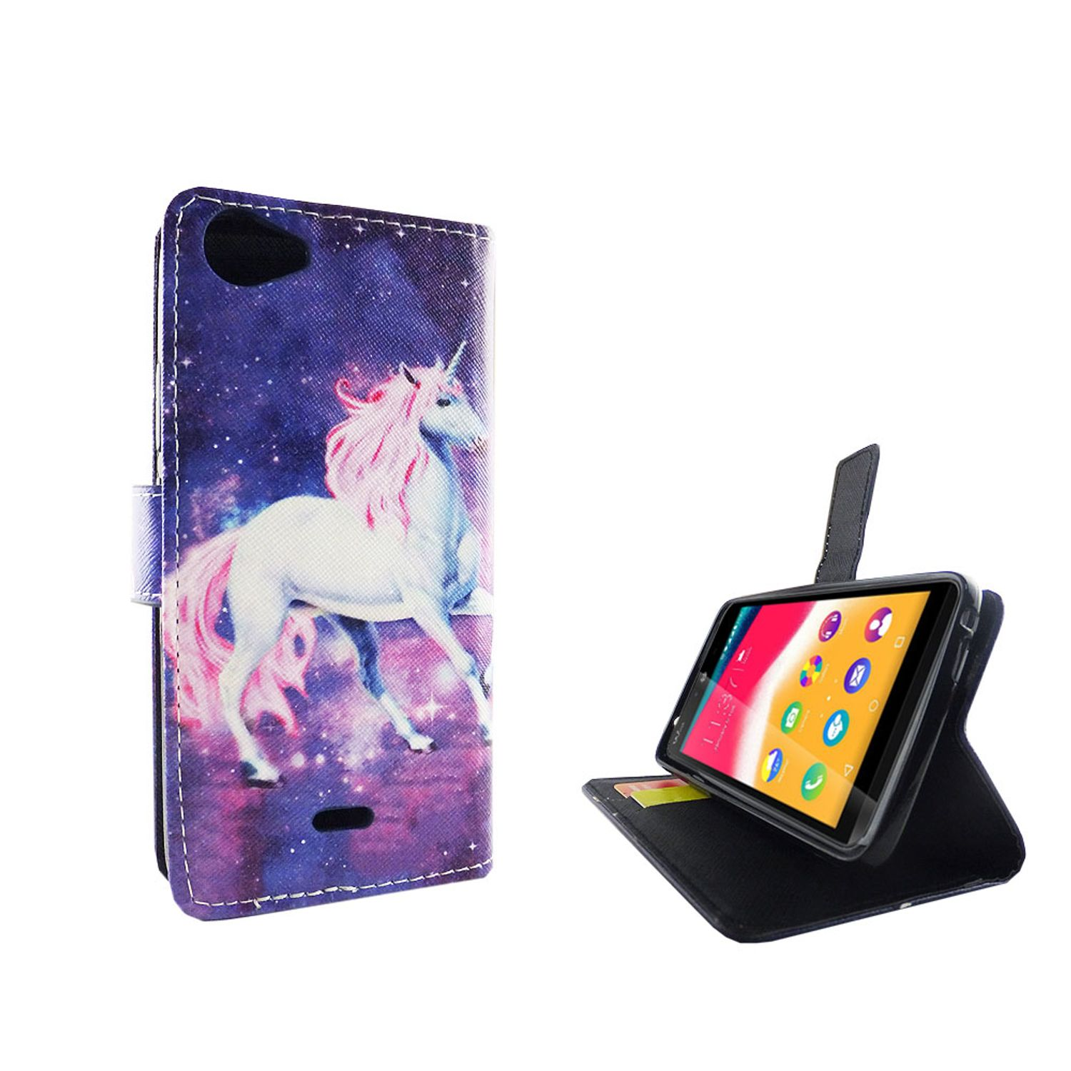 Lila Handyhülle mit Einhorn-Grafik. Ein Telefon befindet sich in der Hülle.