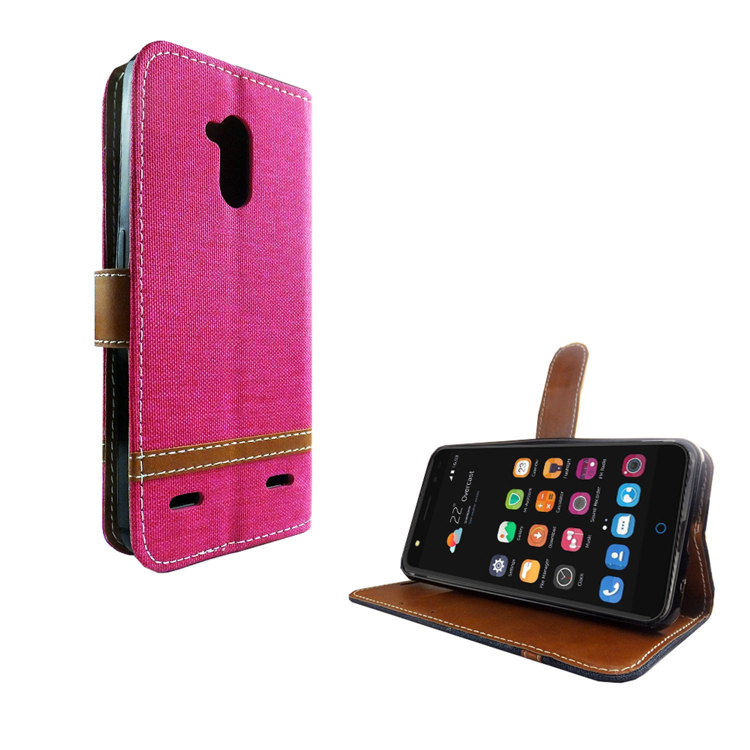 Rosa Handyhülle mit Telefon. Hülle hat braune Akzente. Telefon zeigt App-Symbole. Weißer Hintergrund.