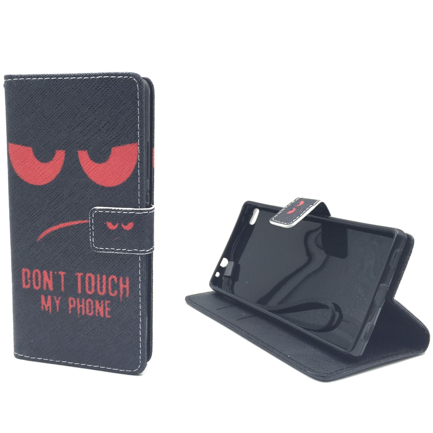 Schwarze Handyhülle mit den Worten 'DON'T TOUCH MY PHONE' und einem grimmigen Gesicht.