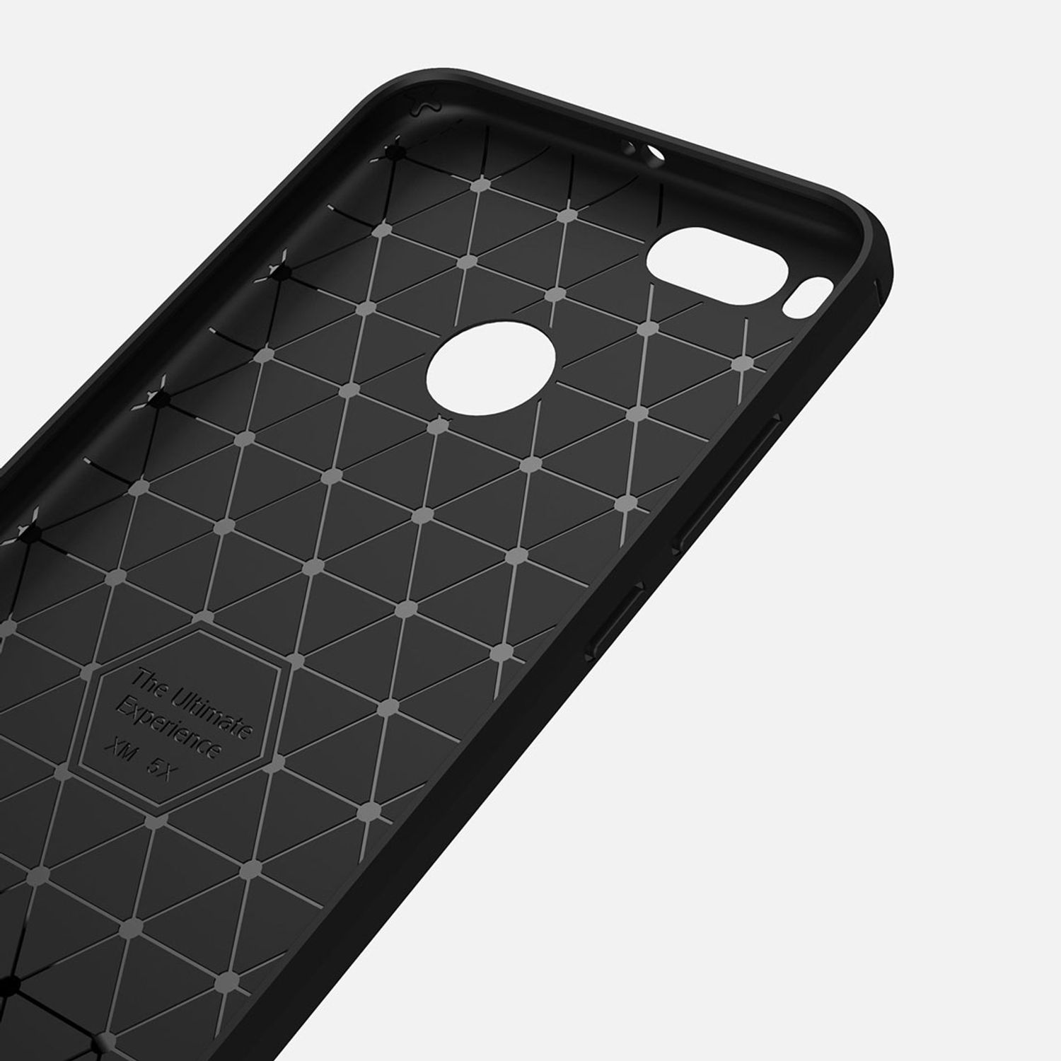 Eine schwarze Handyhülle mit geometrischem Muster. The Ultimate Experience steht darauf.