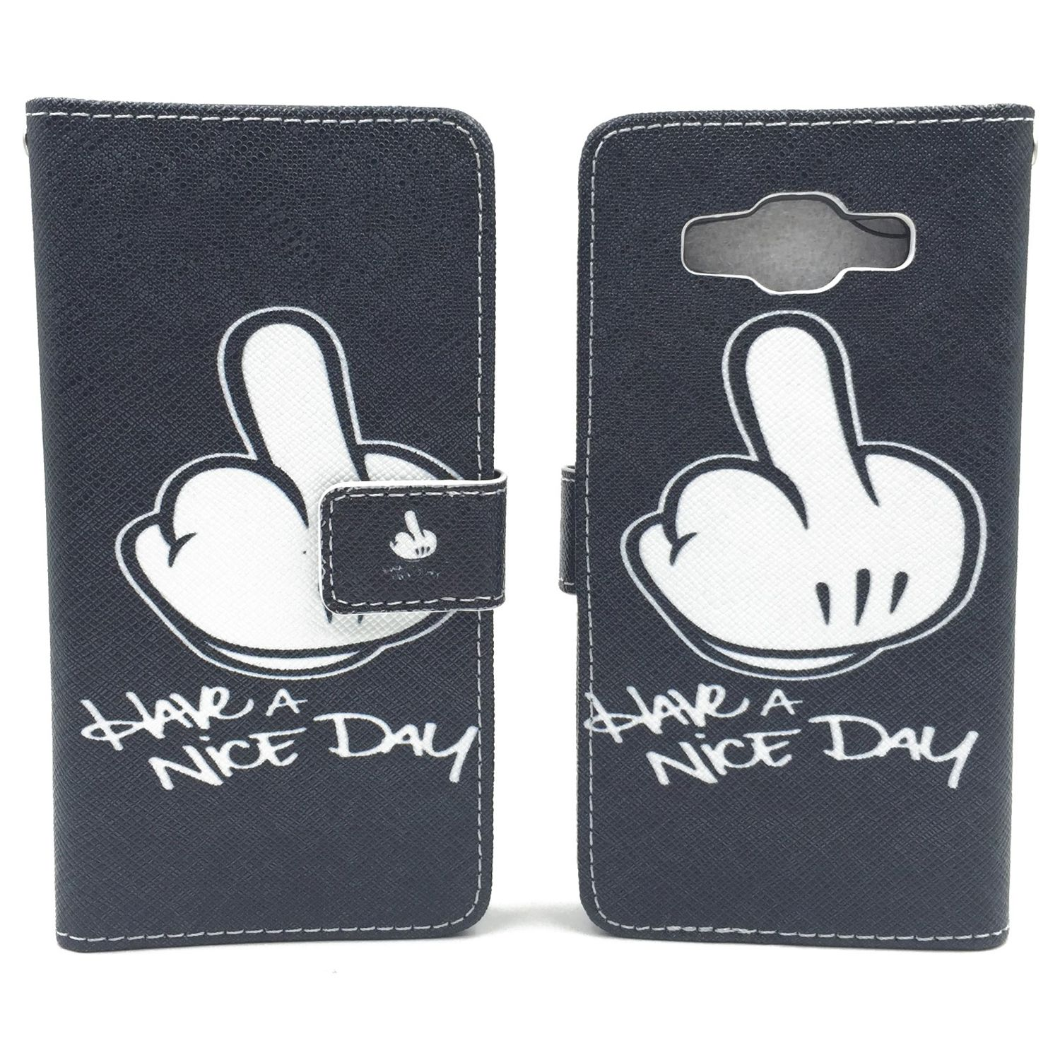 Handyhülle mit Cartoon-Mittelfinger-Design und der Aufschrift 'Have a Nice Day'. Weißer Hintergrund.