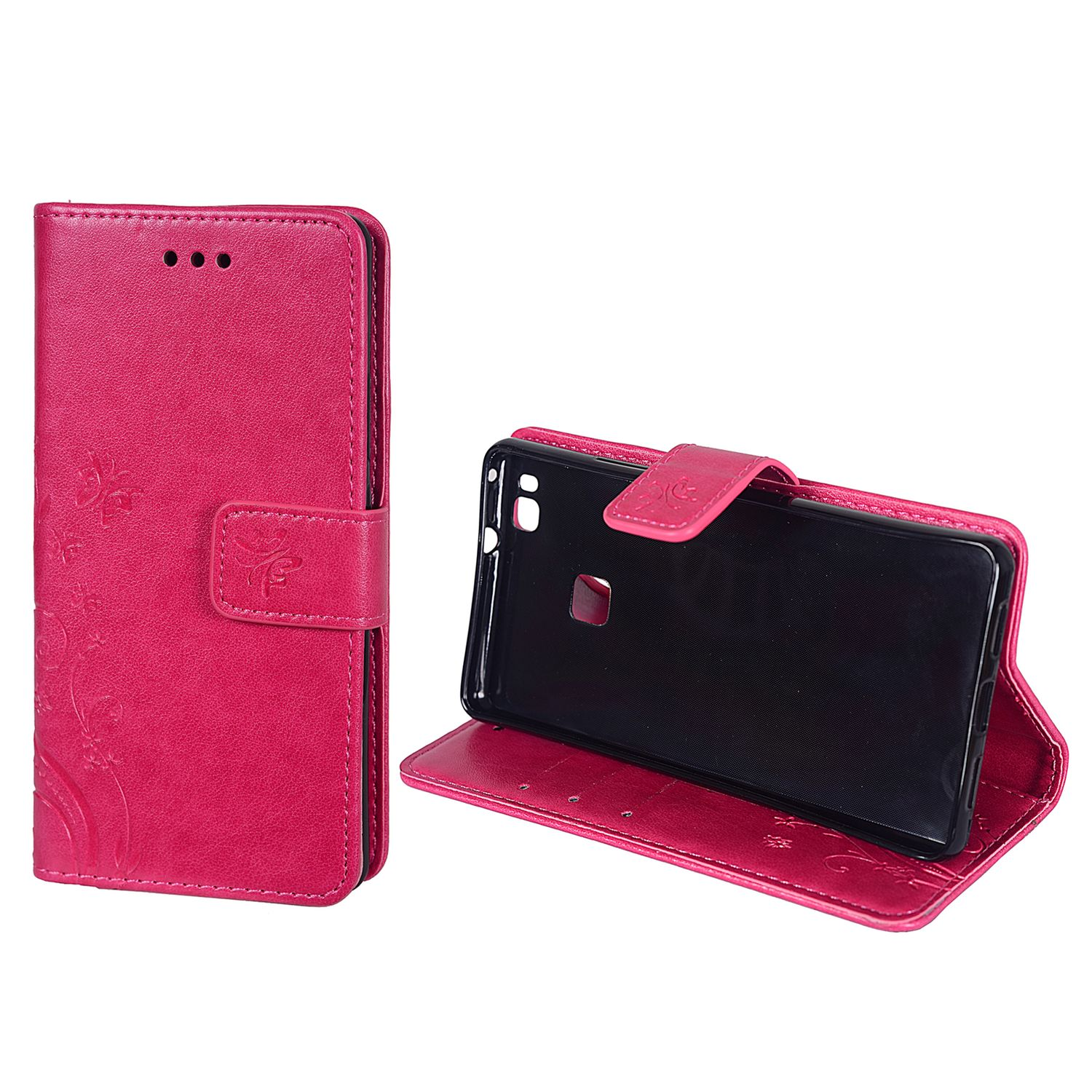 Eine pinkfarbene Handyhülle mit floralem Design, geöffnet, um den Telefonhalter zu zeigen.