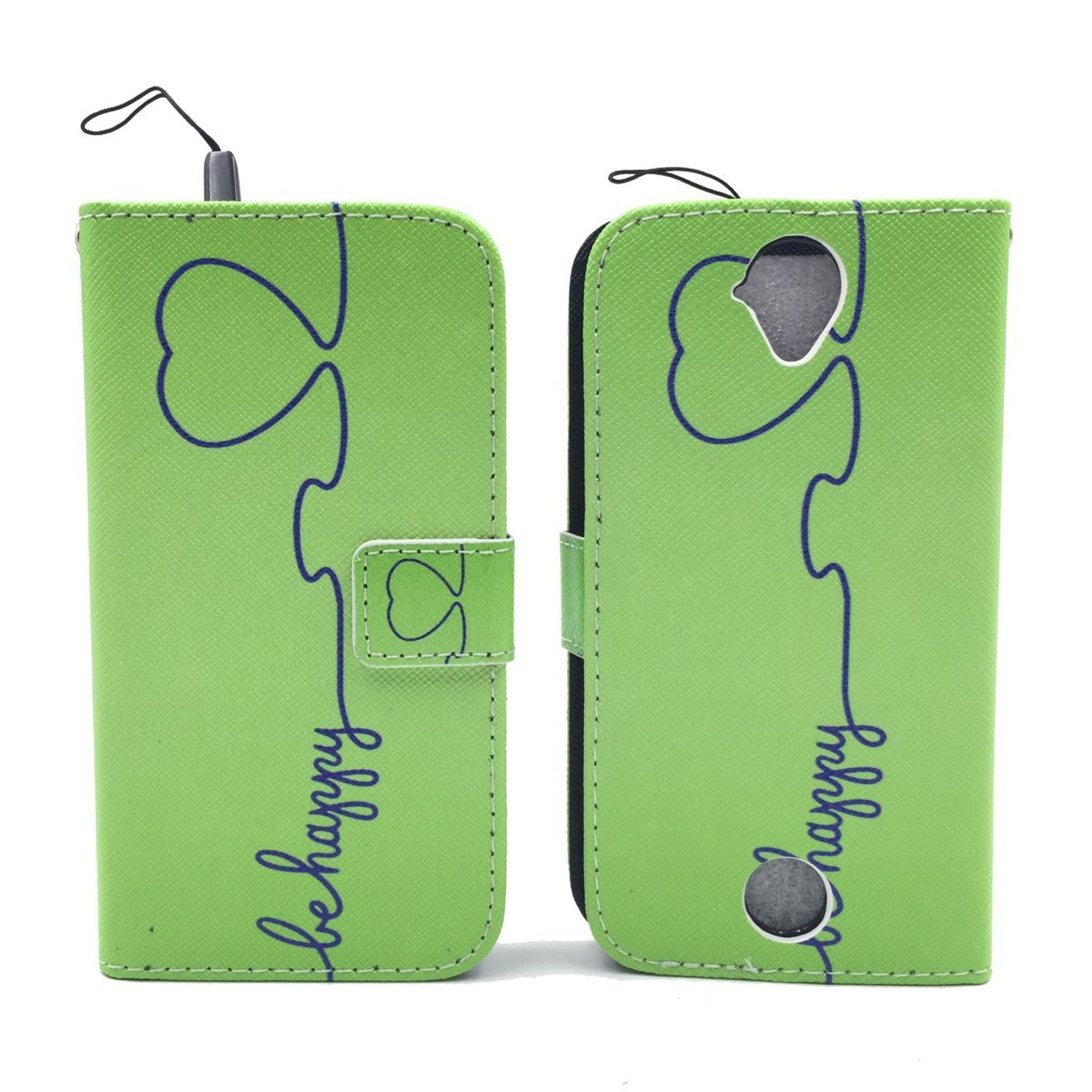 Zwei grüne Handyhüllen mit den Worten 'be happy' und einem Herzdesign.