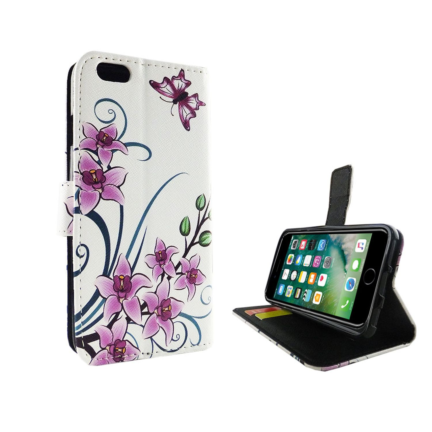 Handyhülle mit Orchideen und einem Schmetterling. Das Telefon ist geöffnet und zeigt Apps an. Die Hülle ist weiß mit lila Blumen.