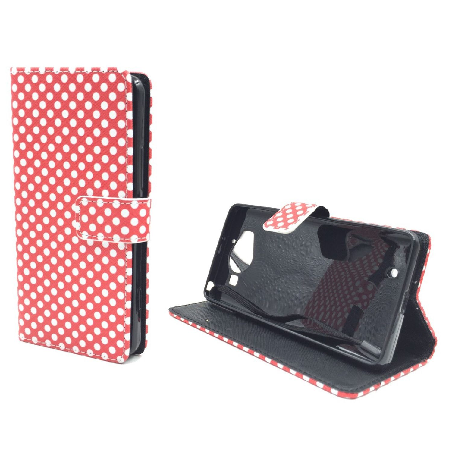 Eine rote Polka-Dot-Handyhülle, geöffnet, um ein Telefon zu zeigen, und geschlossen.