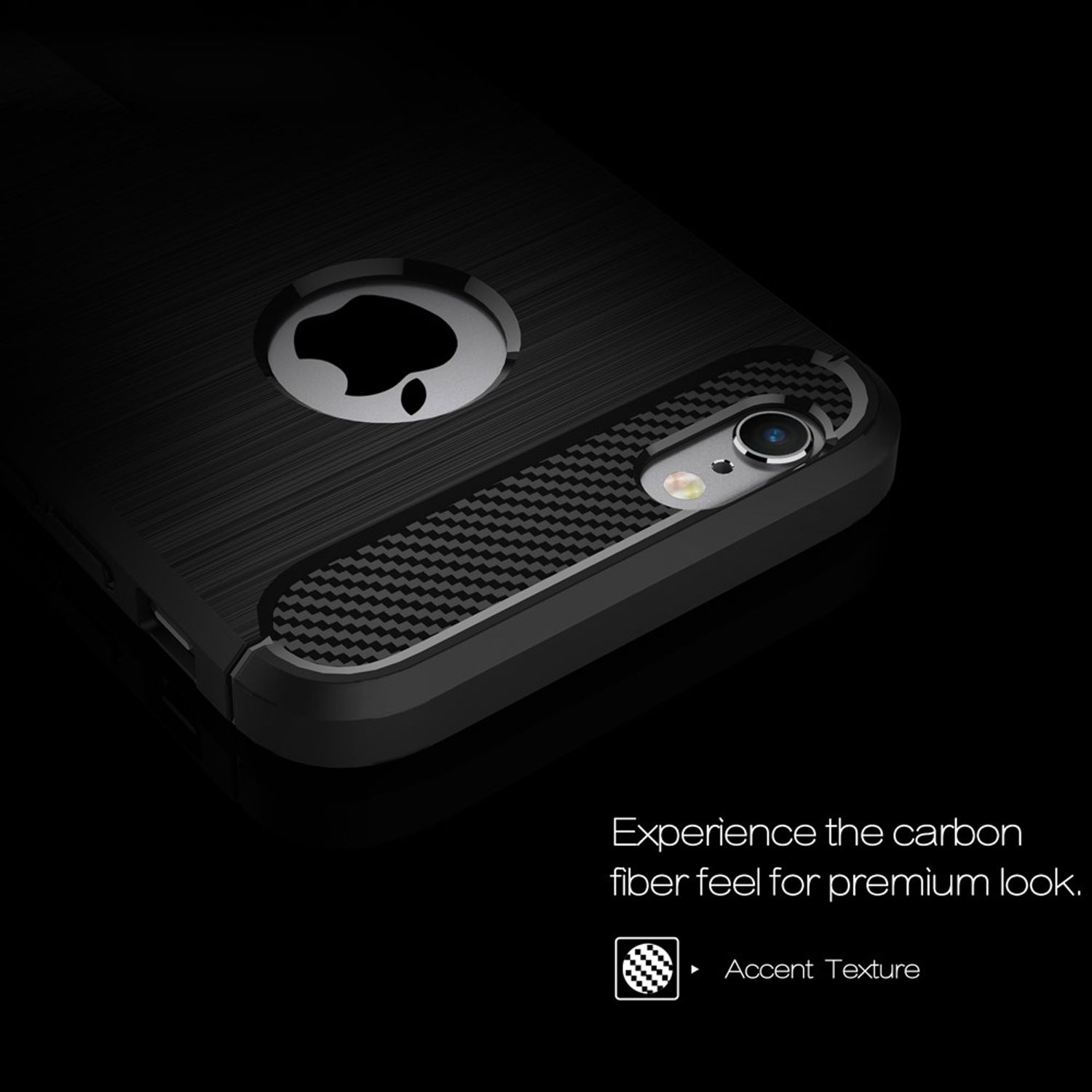 Schwarze Handyhülle mit Carbonfasertextur und Akzenttextur. Der Hintergrund ist schwarz.