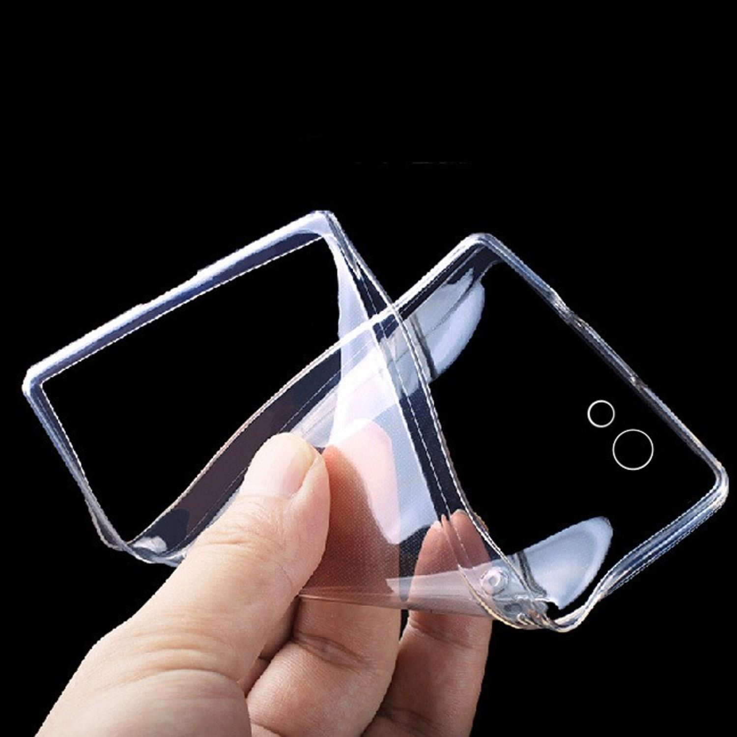 Eine Hand, die eine transparente Handyhülle hält. Die Hülle ist transparent und hat Aussparungen für die Funktionen des Telefons.