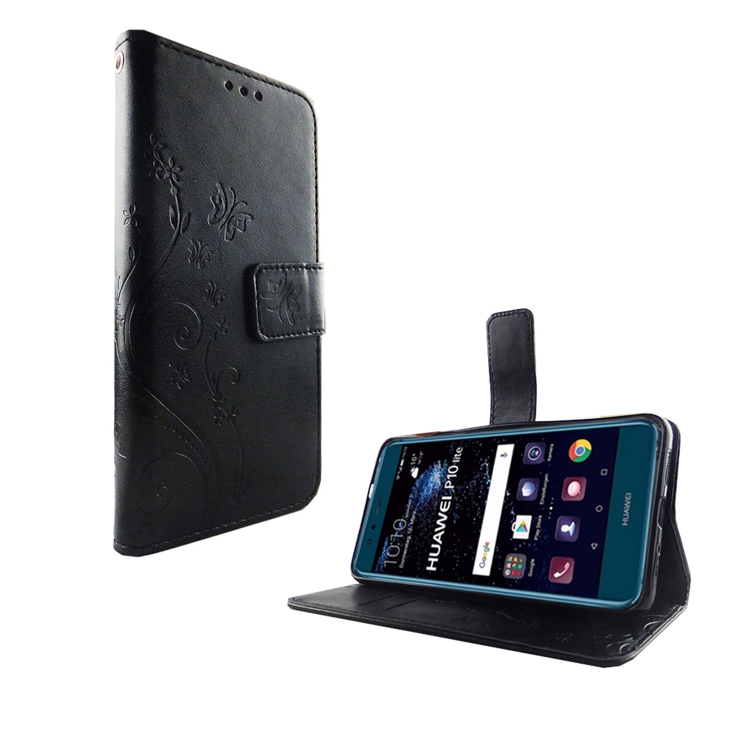 Schwarze Handyhülle mit Schmetterlingsdesign und ein Handy, das seinen Bildschirm anzeigt.