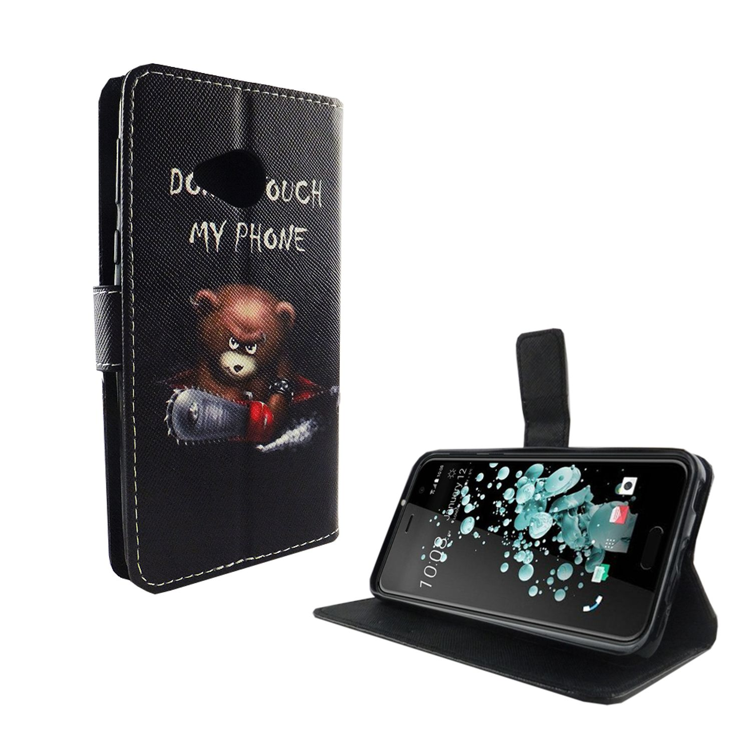 Schwarze Handyhülle mit Bär mit Kettensäge und Telefon mit Design.