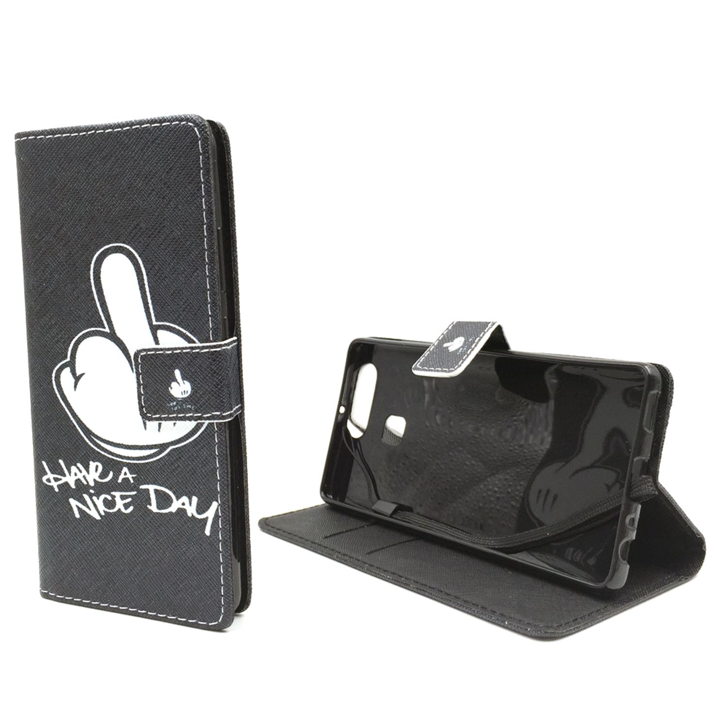 Schwarze Handyhülle mit weißer Handgeste und den Worten 'HAVE A NICE DAY'. Hülle ist offen und zeigt Telefon.