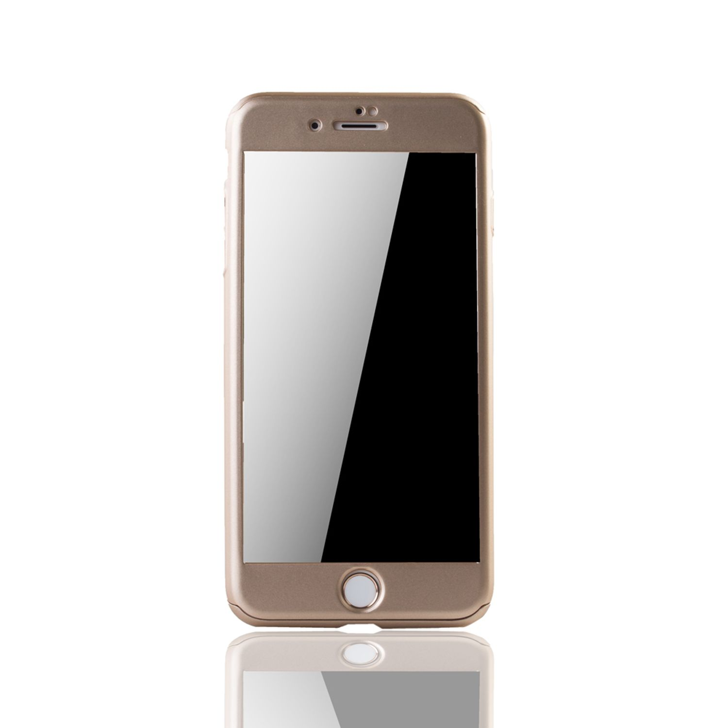 Goldfarbenes Smartphone, Bildschirm an, mit reflektierender Oberfläche darunter.