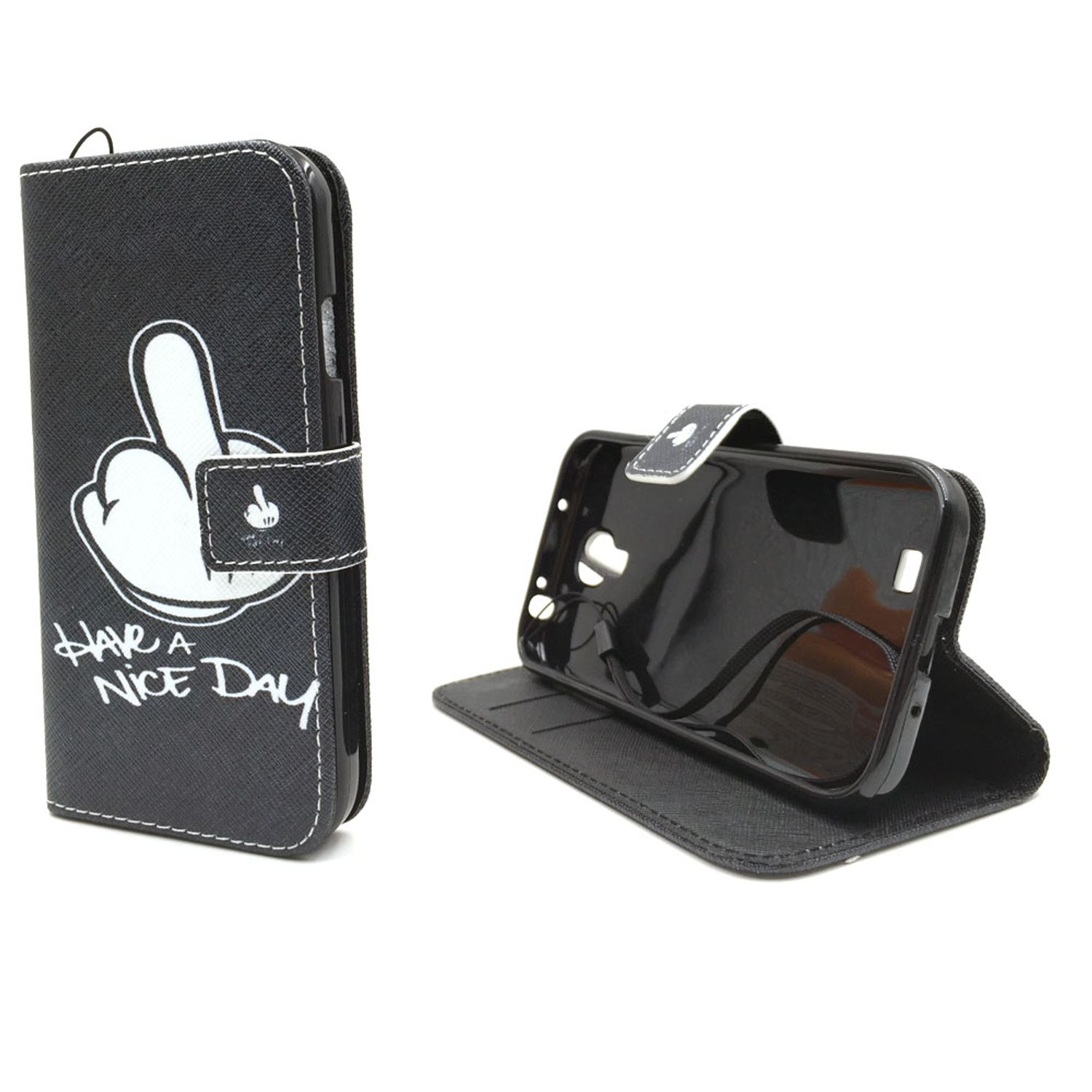 Eine schwarze Handyhülle mit weißer Handgeste und dem Text "HAVE A NICE DAY".