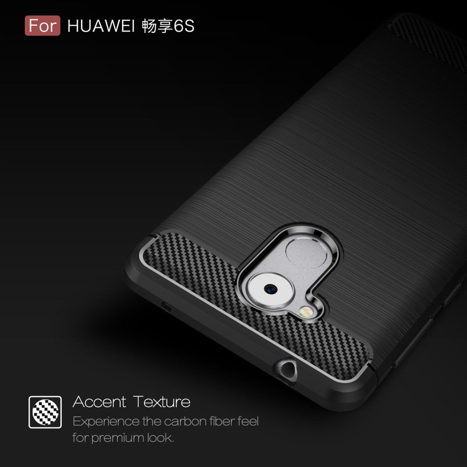 Schwarze Handyhülle mit Karbonfaser-Textur und Huawei-Logo.