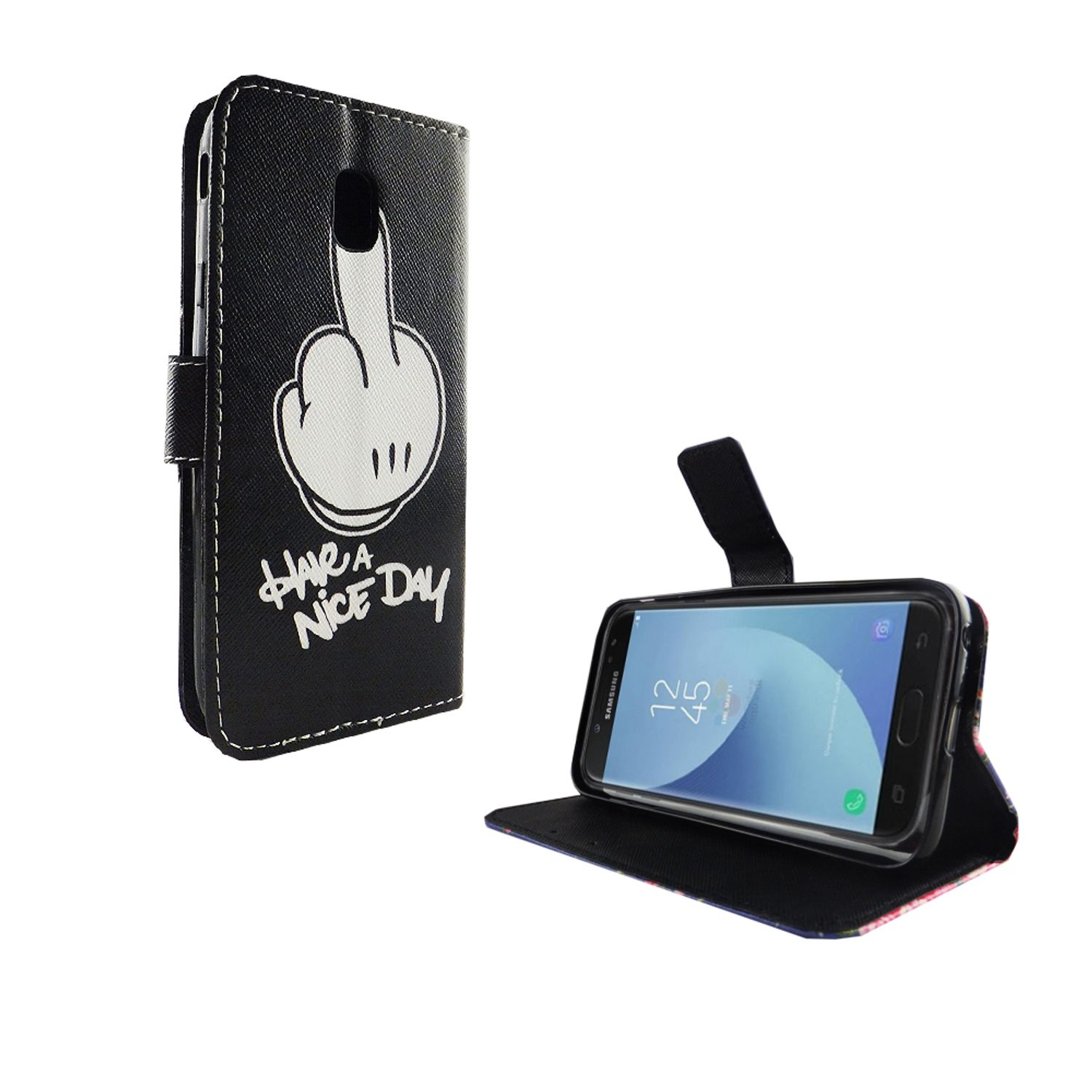 Schwarze Handyhülle mit Mickey Mouse Handgeste. Geöffnete Hülle mit Telefon.