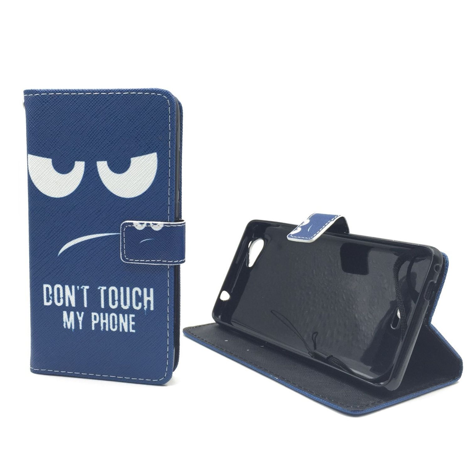 Blaue Handyhülle mit grimmigem Gesicht und dem Text "DON'T TOUCH MY PHONE". Die Hülle ist offen.