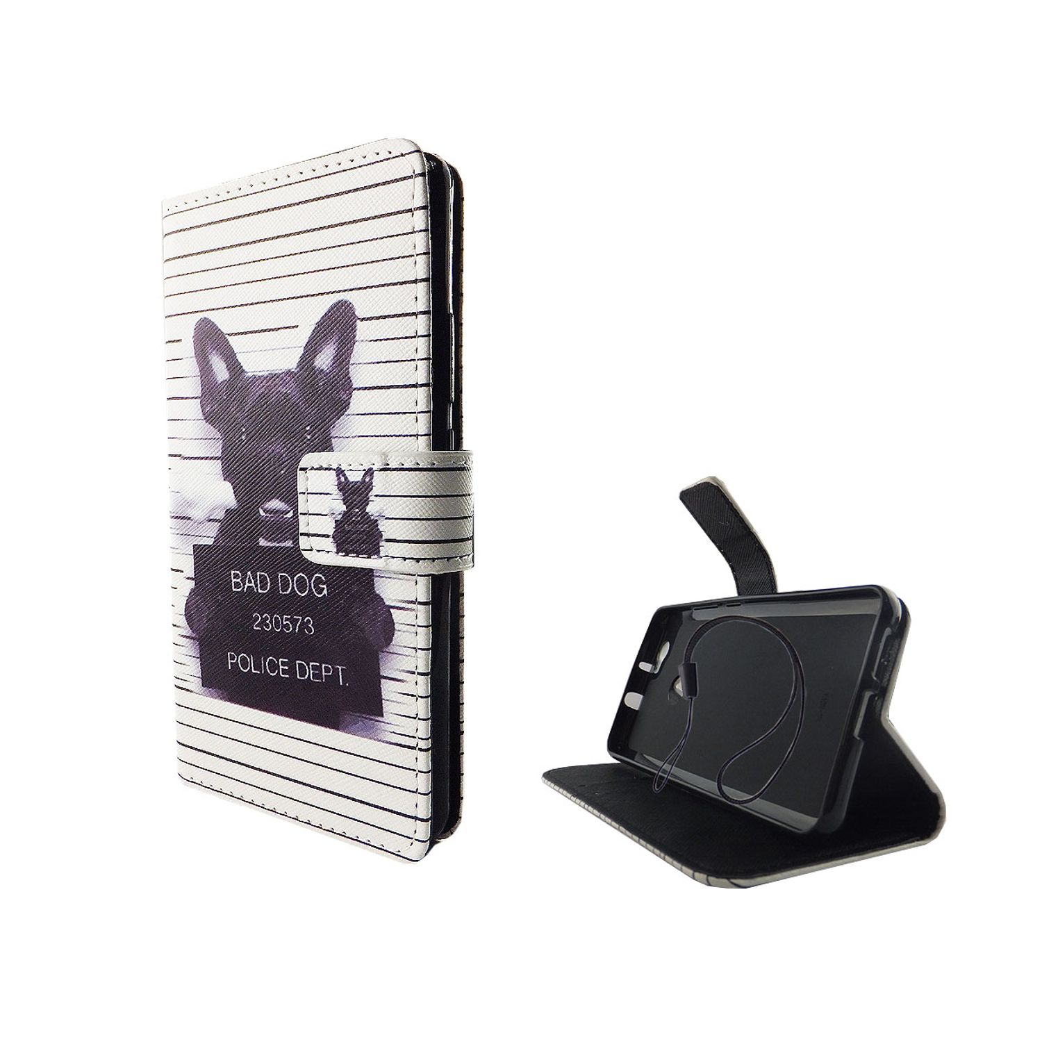 Handyhülle mit Hundefoto-Design, offen mit Telefon. Schwarz-weiß gestreifter Hintergrund.