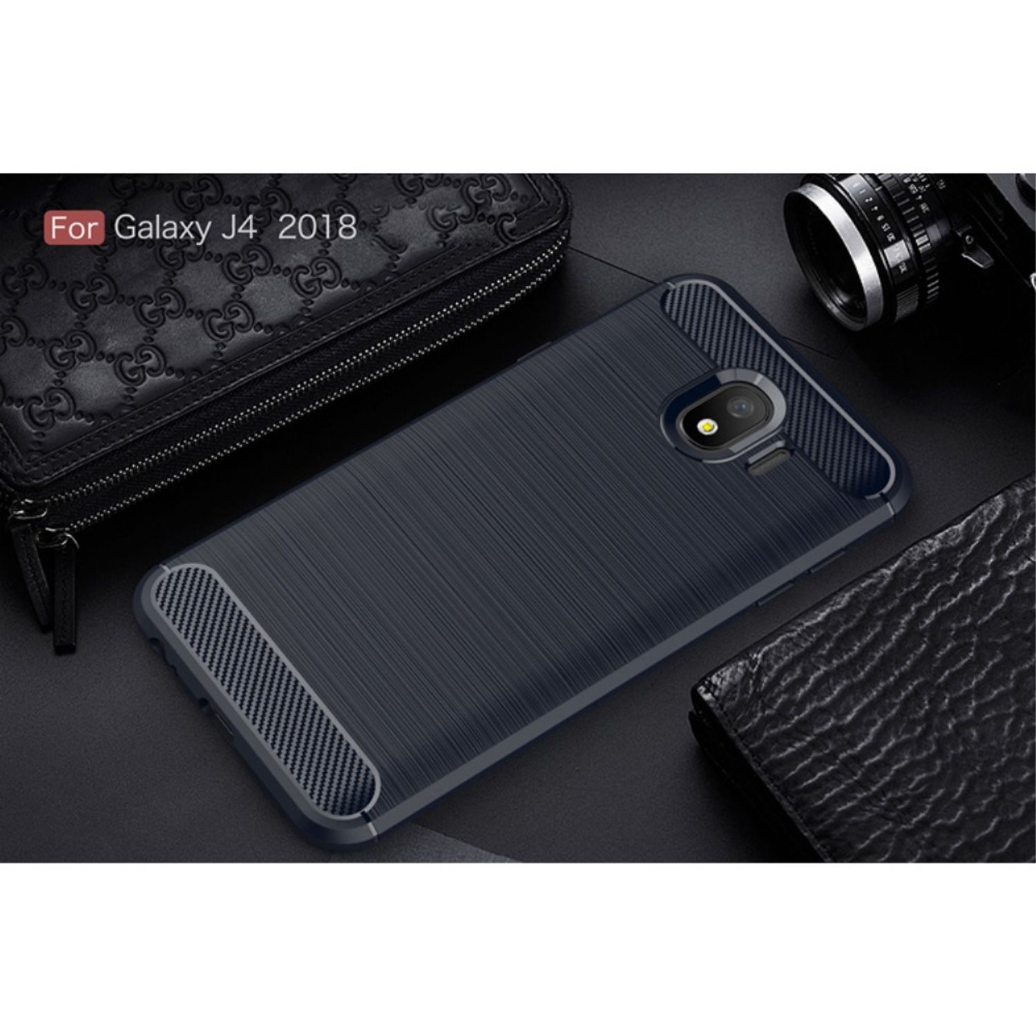 Dunkelblaue Handyhülle für Galaxy J4 2018. Carbonfaserartige Textur. Dunkle Oberfläche.