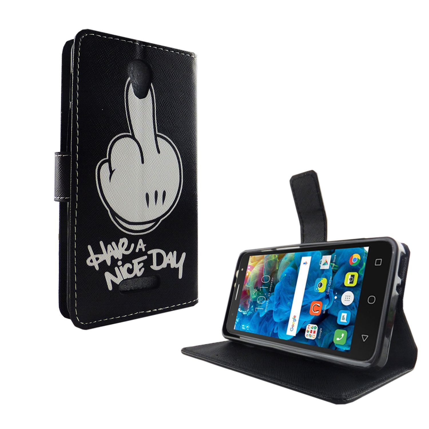 Schwarze Handyhülle mit unhöflichem Handgesten-Design, Telefon offen.