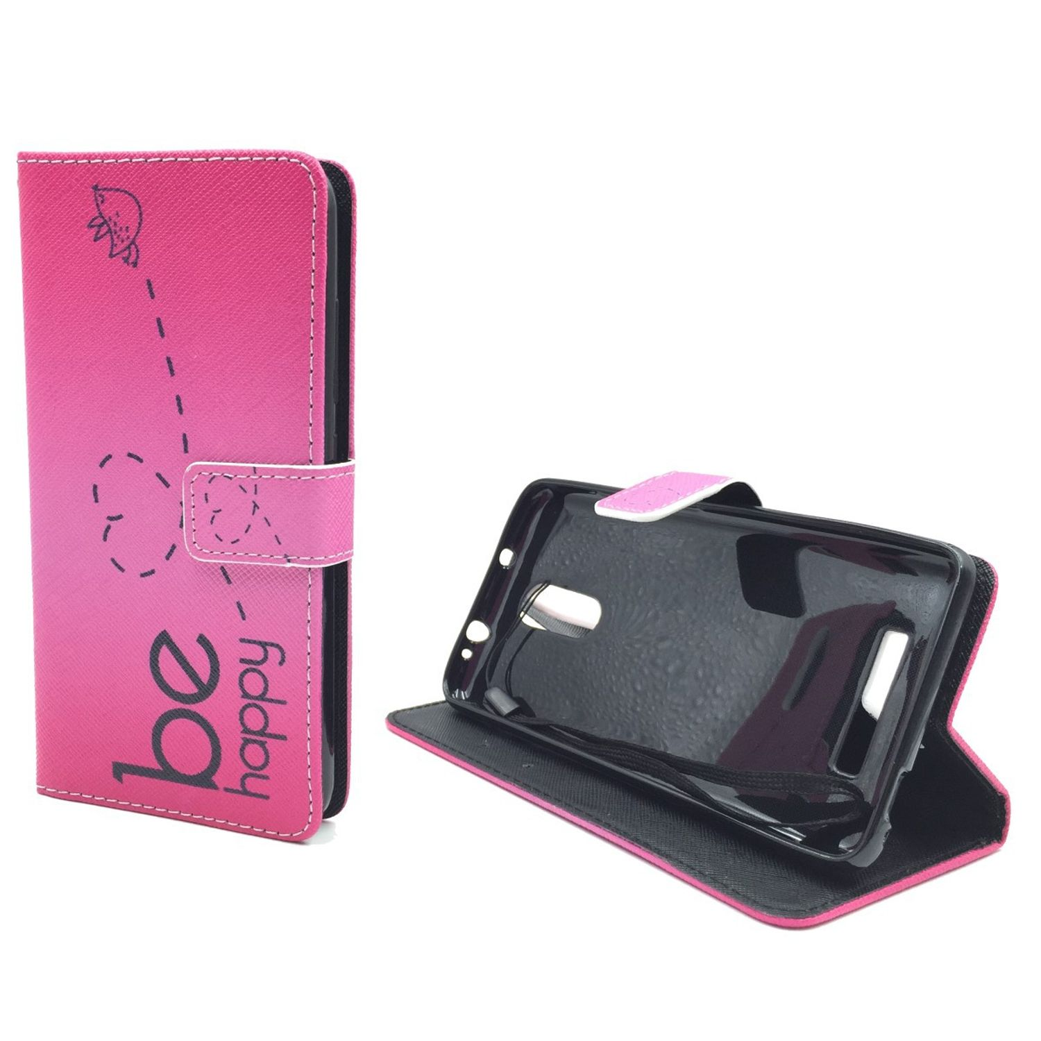 Eine rosa Handyhülle, geöffnet mit einem Design und den Worten 'be happy'. Weißer Hintergrund.