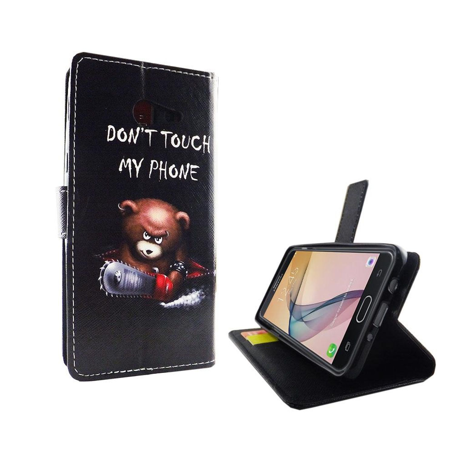 Schwarze Handyhülle mit einem Bären, der eine Kettensäge hält, und den Worten 'DON'T TOUCH MY PHONE'. Geöffnete Hülle mit Telefon.