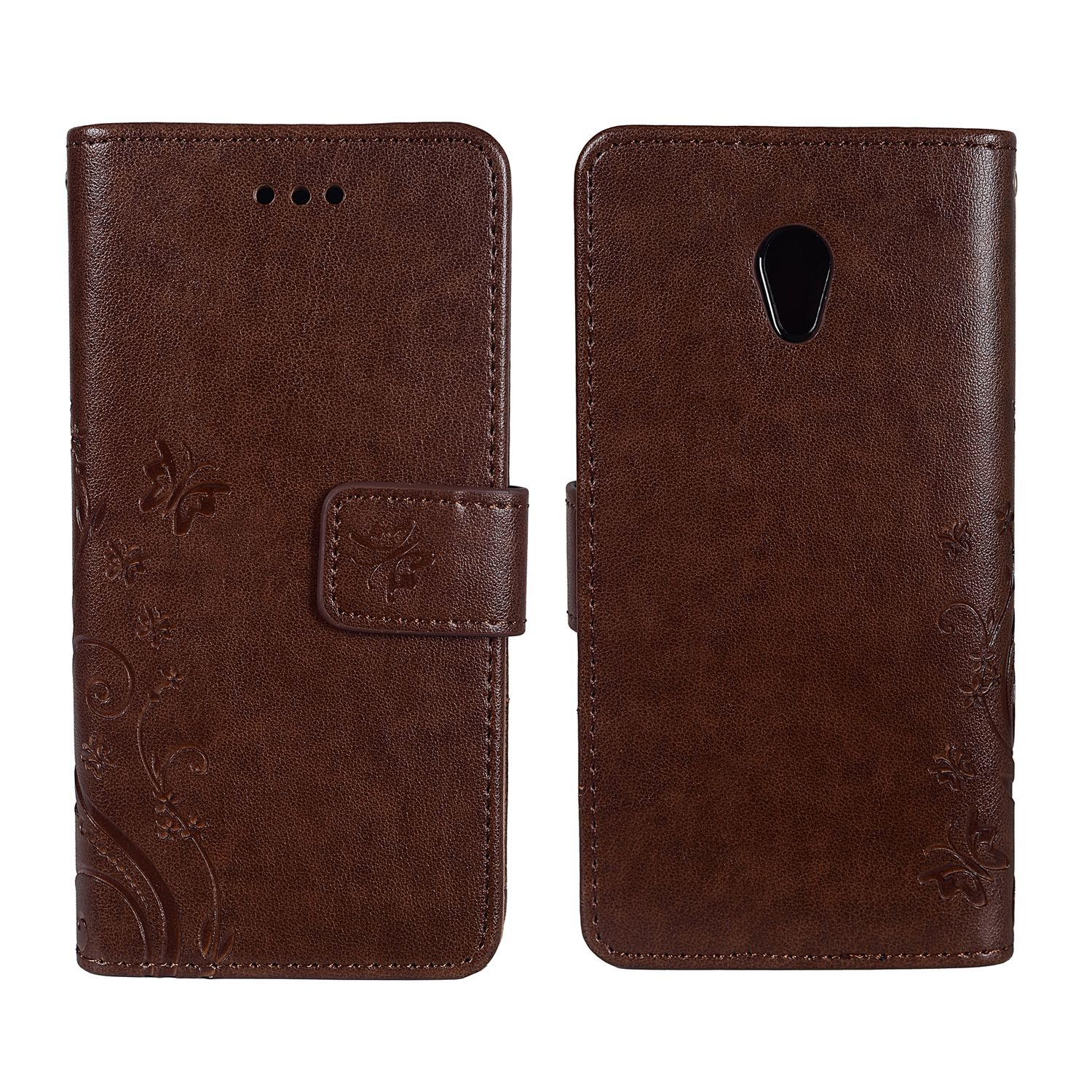 Braune Leder-Handyhülle mit Schmetterlingsdesign, offen und geschlossen, weißer Hintergrund.