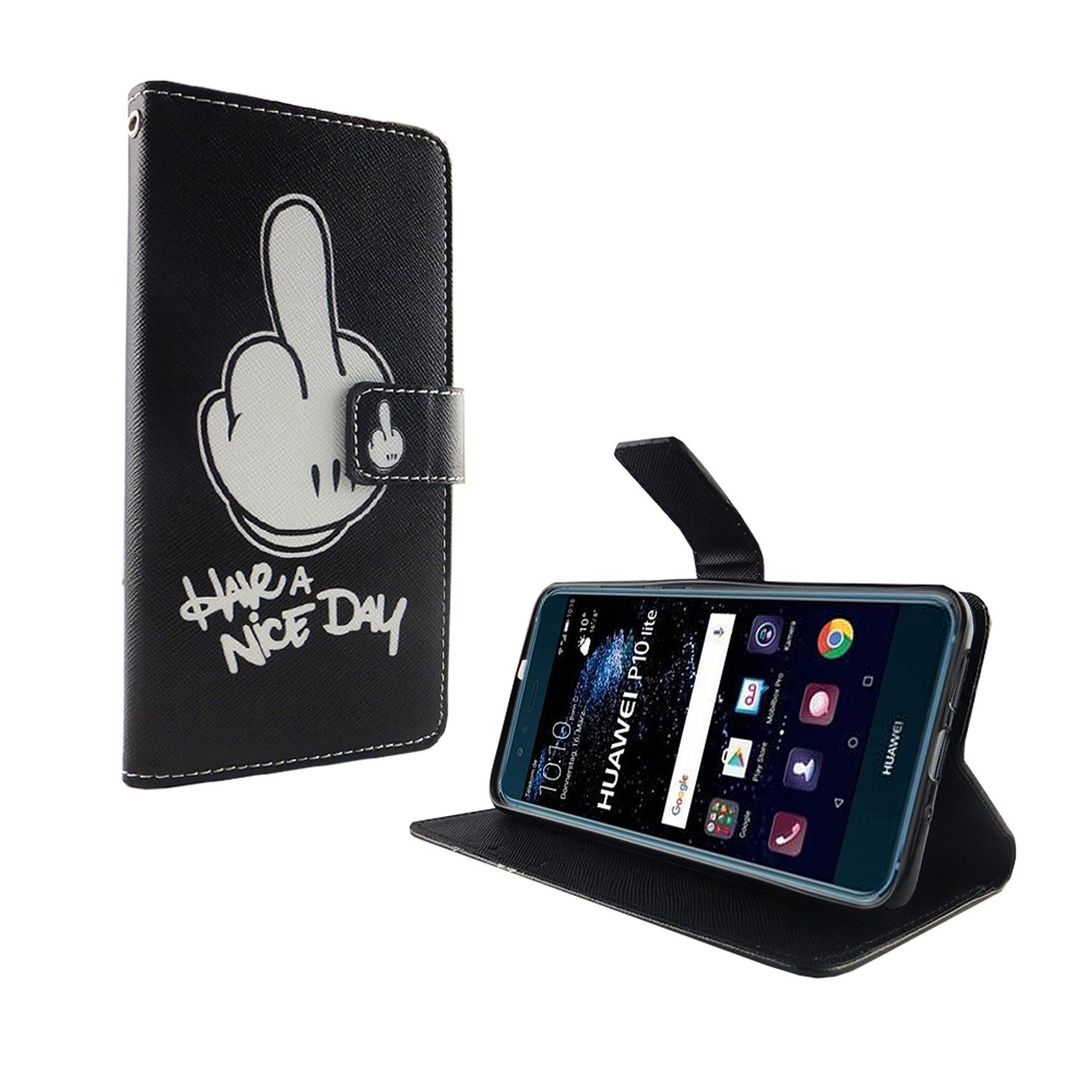 Schwarze Handyhülle mit Mittelfinger und ein Telefon, das die Uhrzeit anzeigt.
