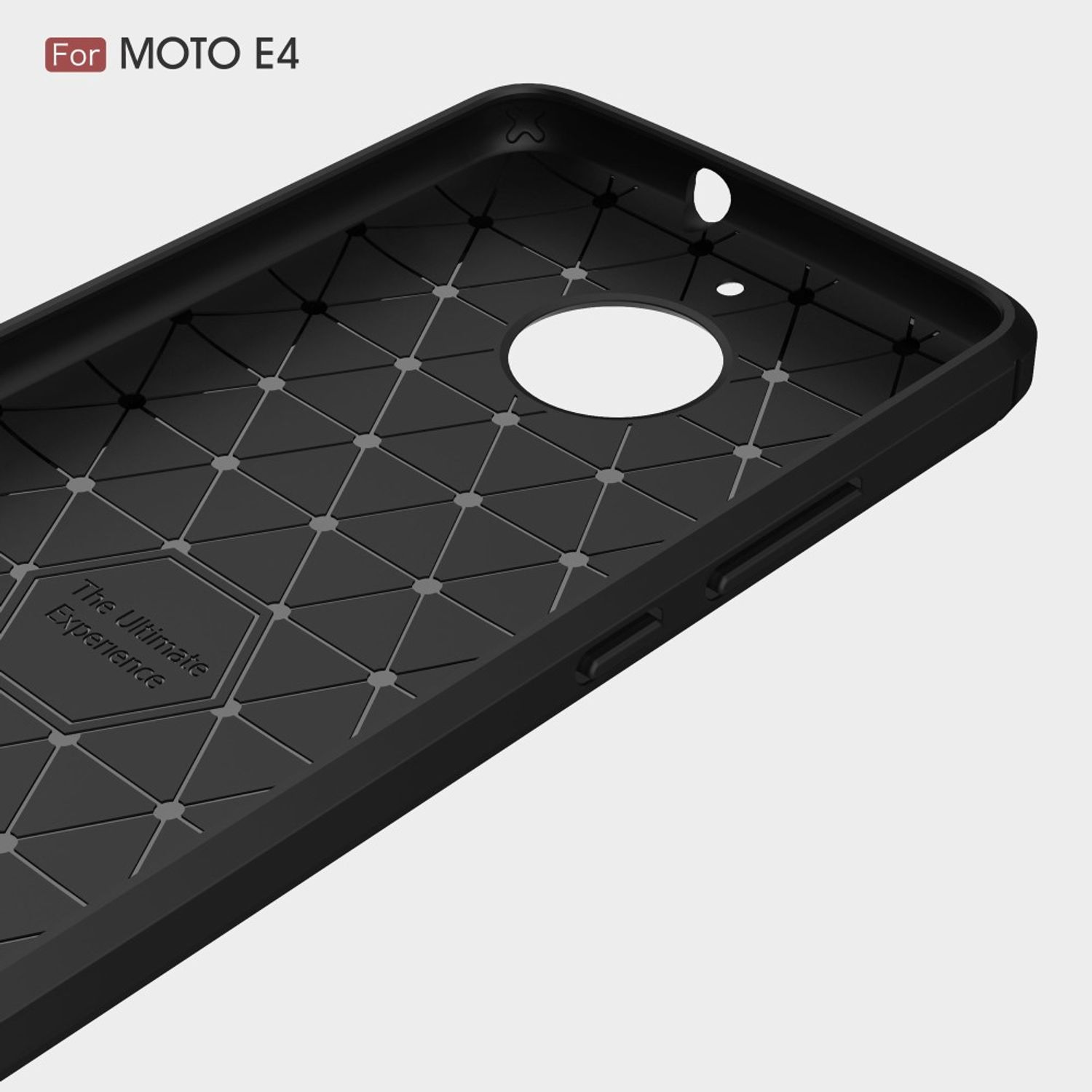 Schwarze Handyhülle mit Muster, Text "The Ultimate Experience" und MOTO E4 Logo.