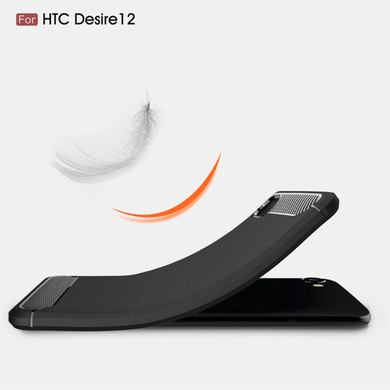 Schwarze Handyhülle mit strukturierter Oberfläche. Eine Feder und ein orangefarbener Bogen im Hintergrund. Text: 'Für HTC Desire12'.