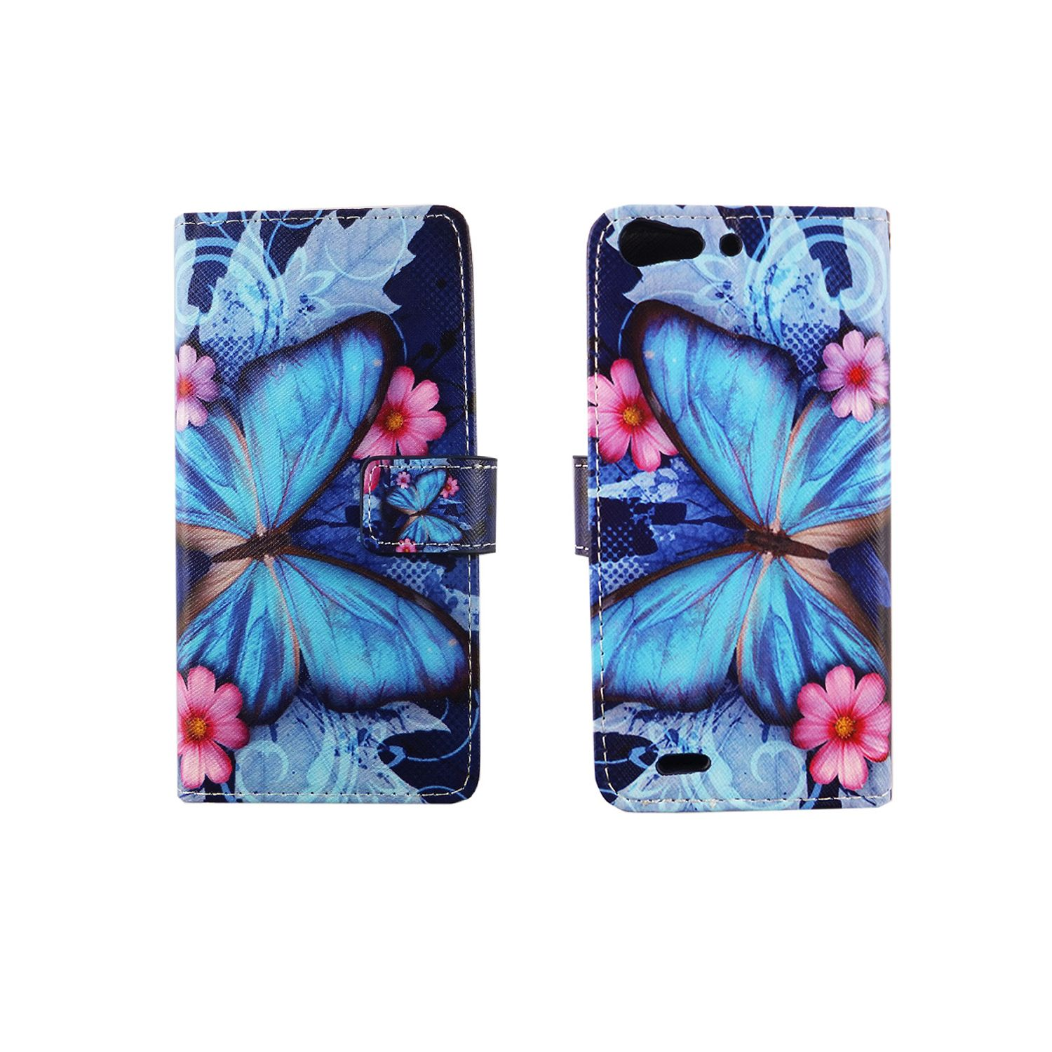Eine Handyhülle zeigt einen Schmetterling mit blauen Flügeln und rosa Blumen vor blauem Hintergrund.