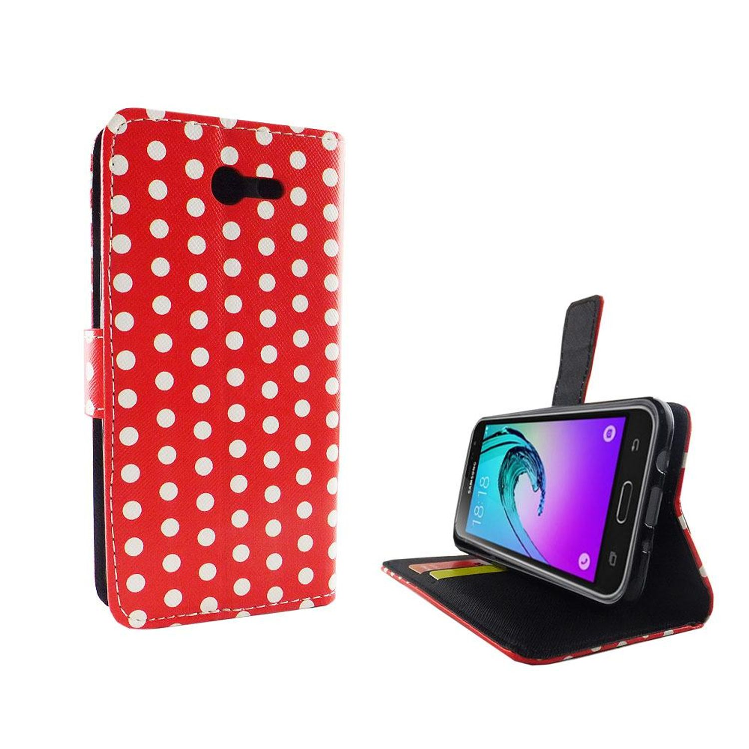 Rote Handyhülle mit weißen Punkten, schwarzes Telefon innen, weißer Hintergrund.