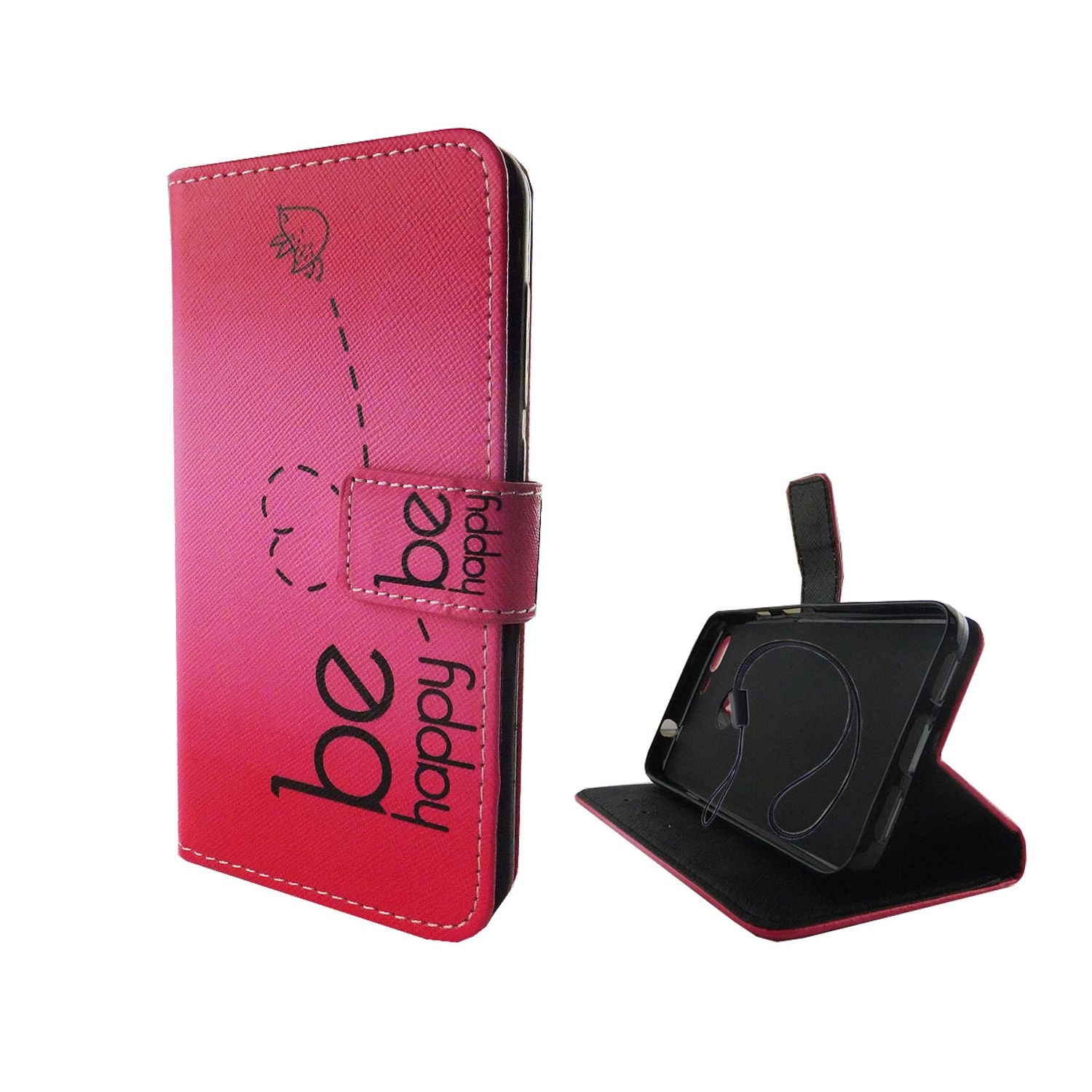 Eine pinke Handyhülle mit einem 'be happy'-Design und einem Telefon darin. Die Hülle ist geöffnet.