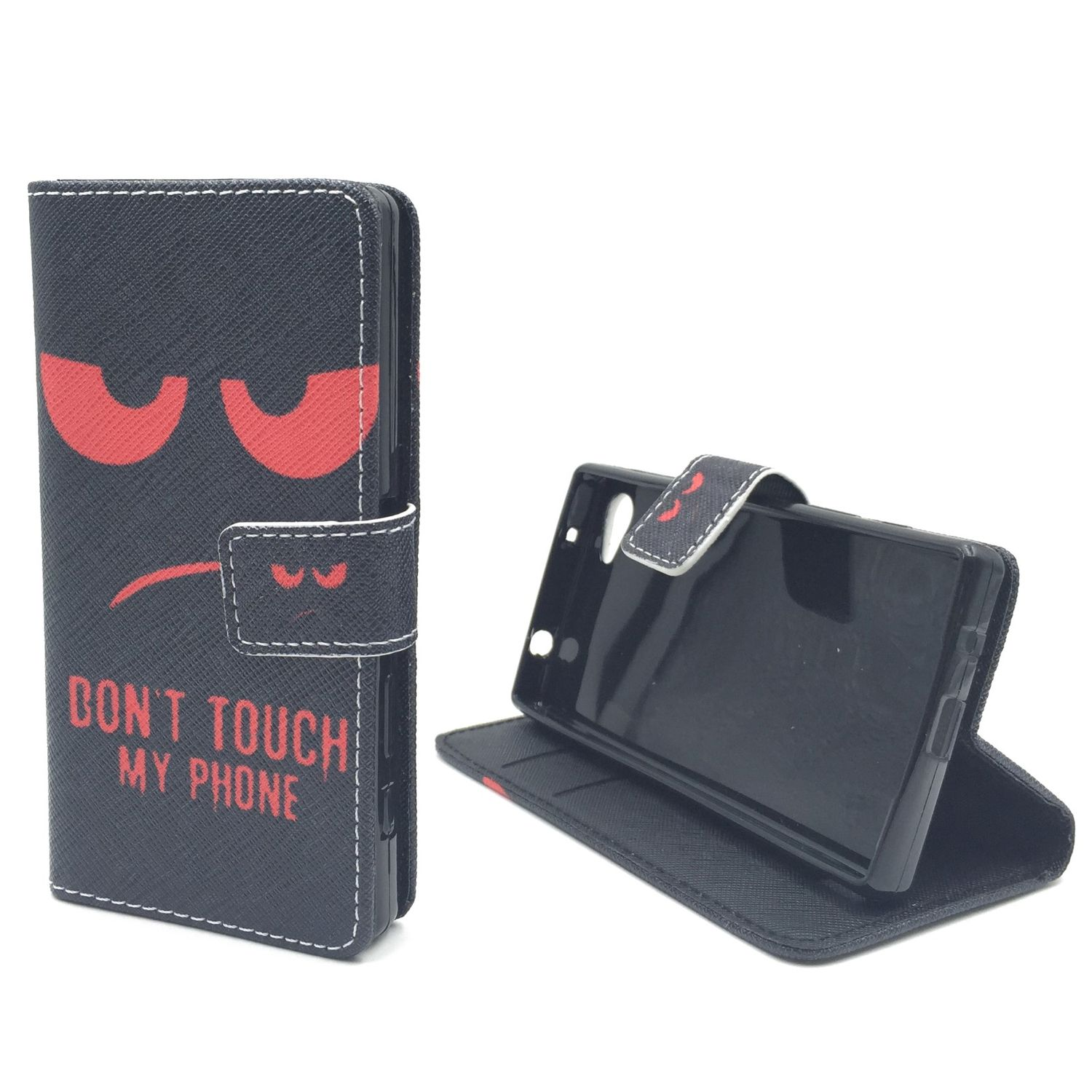 Eine schwarze Handyhülle mit rotem, wütenden Gesicht und dem Text: DON'T TOUCH MY PHONE.
