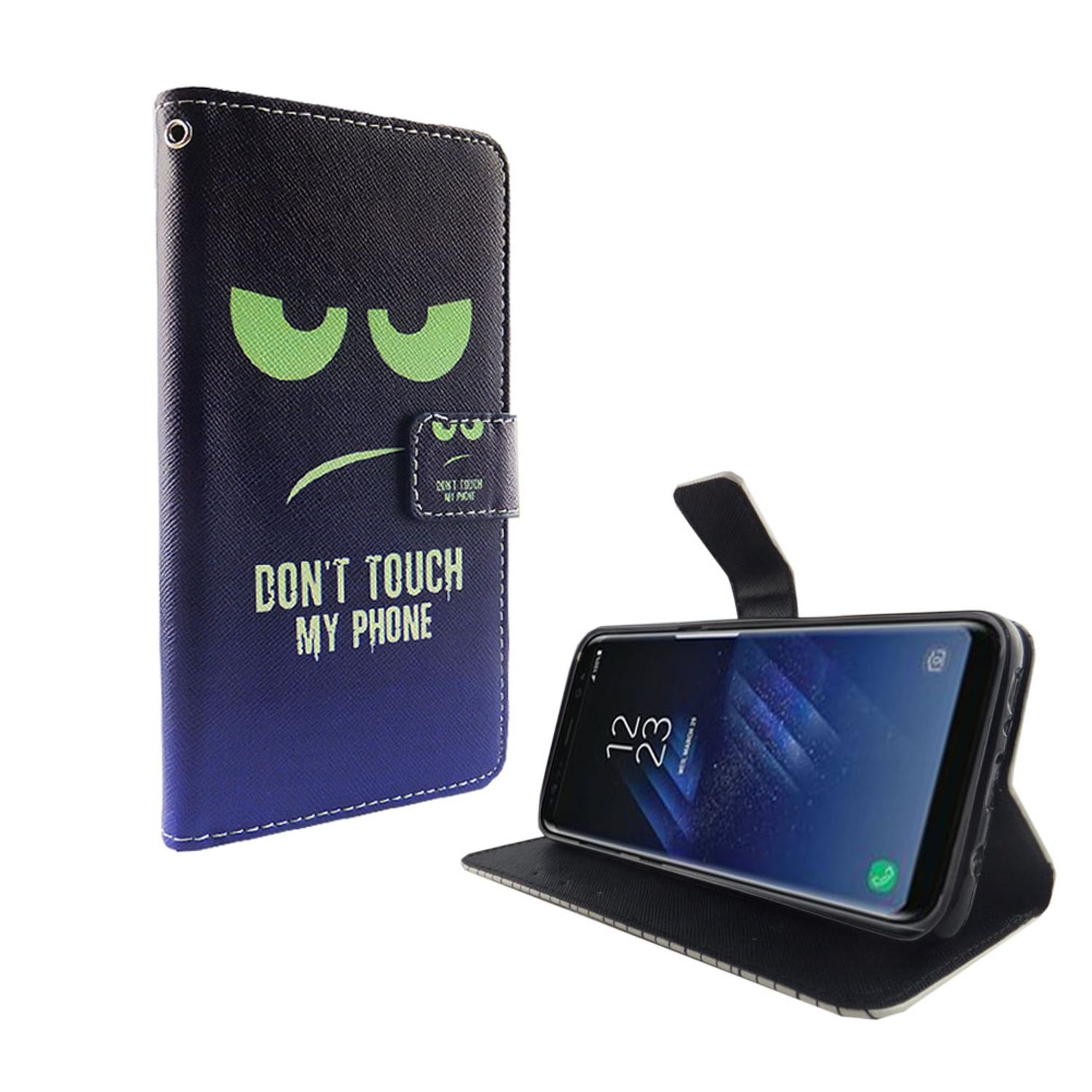 Handyhülle mit einem grimmigen Gesicht, dem Text 'DON'T TOUCH MY PHONE' und einem Telefon mit Display.