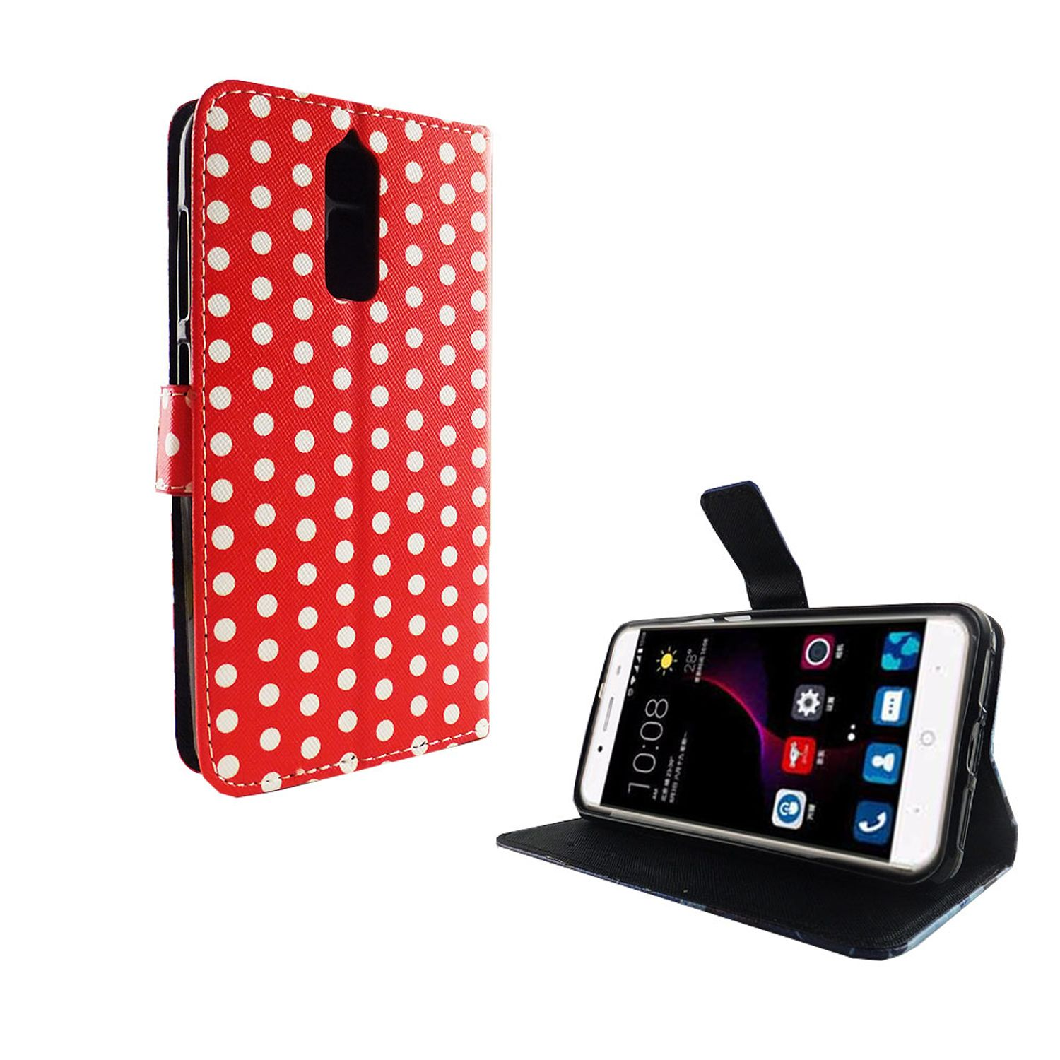 Rote Handyhülle mit weißen Punkten und ein Telefon mit App-Oberfläche.