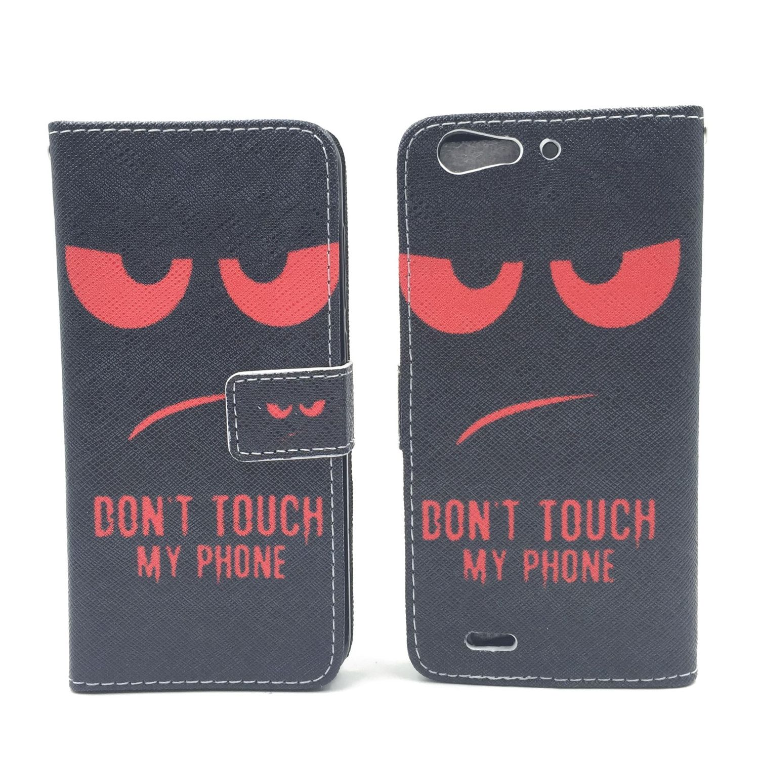 Schwarze Handyhülle mit rotem wütenden Gesicht und Text 'DON'T TOUCH MY PHONE'. Weißer Hintergrund.