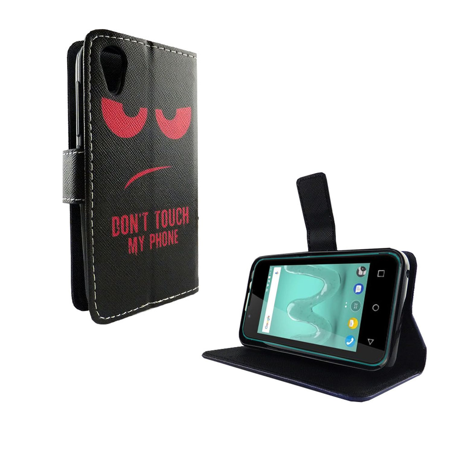 Schwarze Handyhülle mit rotem, wütendem Gesicht und dem Text 'DON'T TOUCH MY PHONE'. Das Telefon ist geöffnet.