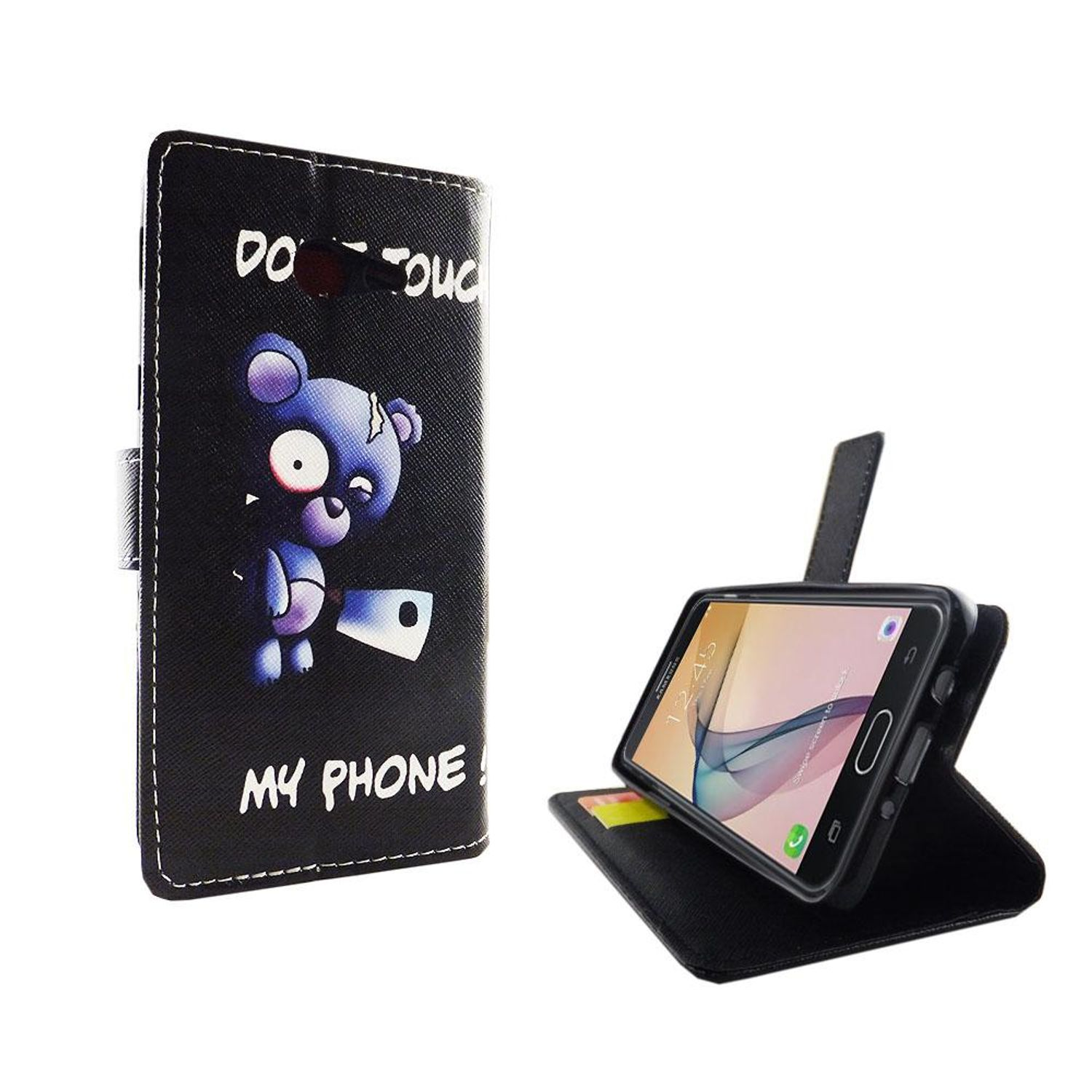 Schwarze Handyhülle mit einem Cartoon-Bären und Text. Telefon in schwarzem Gehäuse.